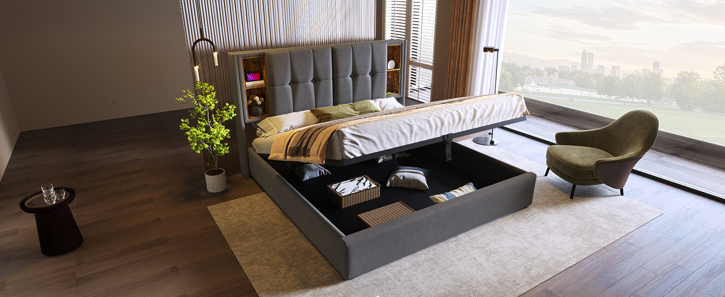 Logidon double bed 160x200 cm wireless charging USB C upholstered bed gray