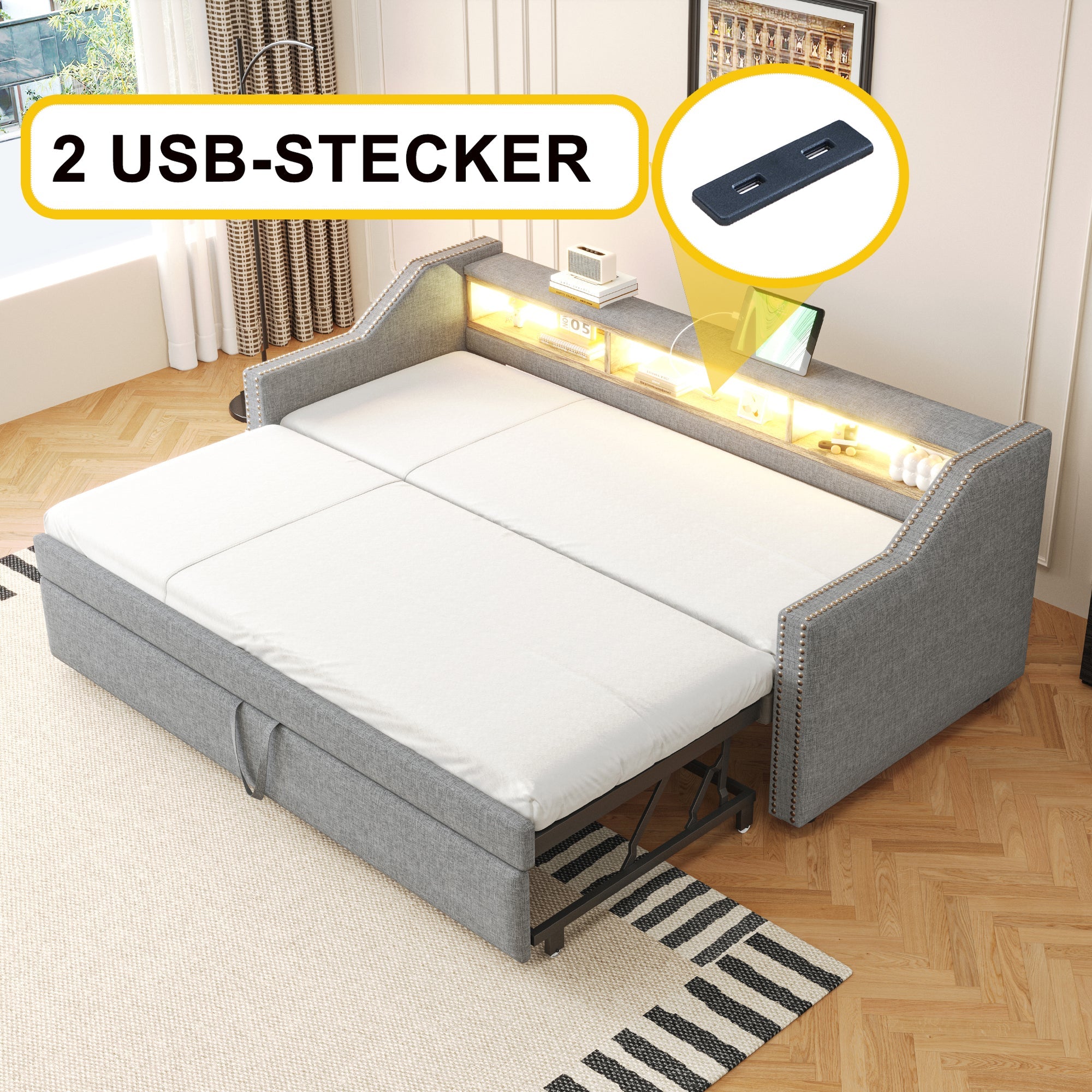 Logidon upholstered bed pull-out sofa bed 90/180 x 190 cm light gray storage compartment