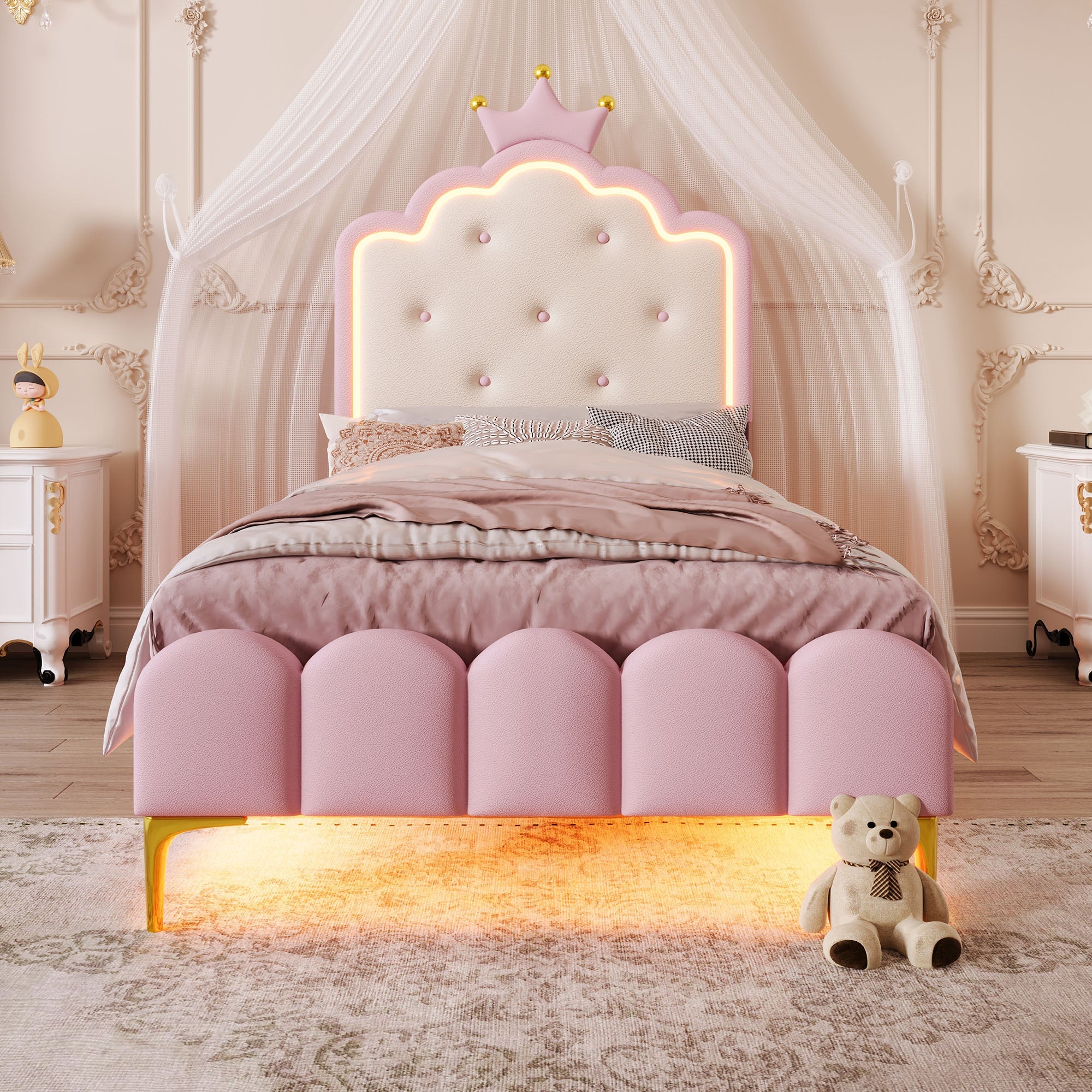 Logidon upholstered bed 90x200 crown princess shape pink with slatted frame