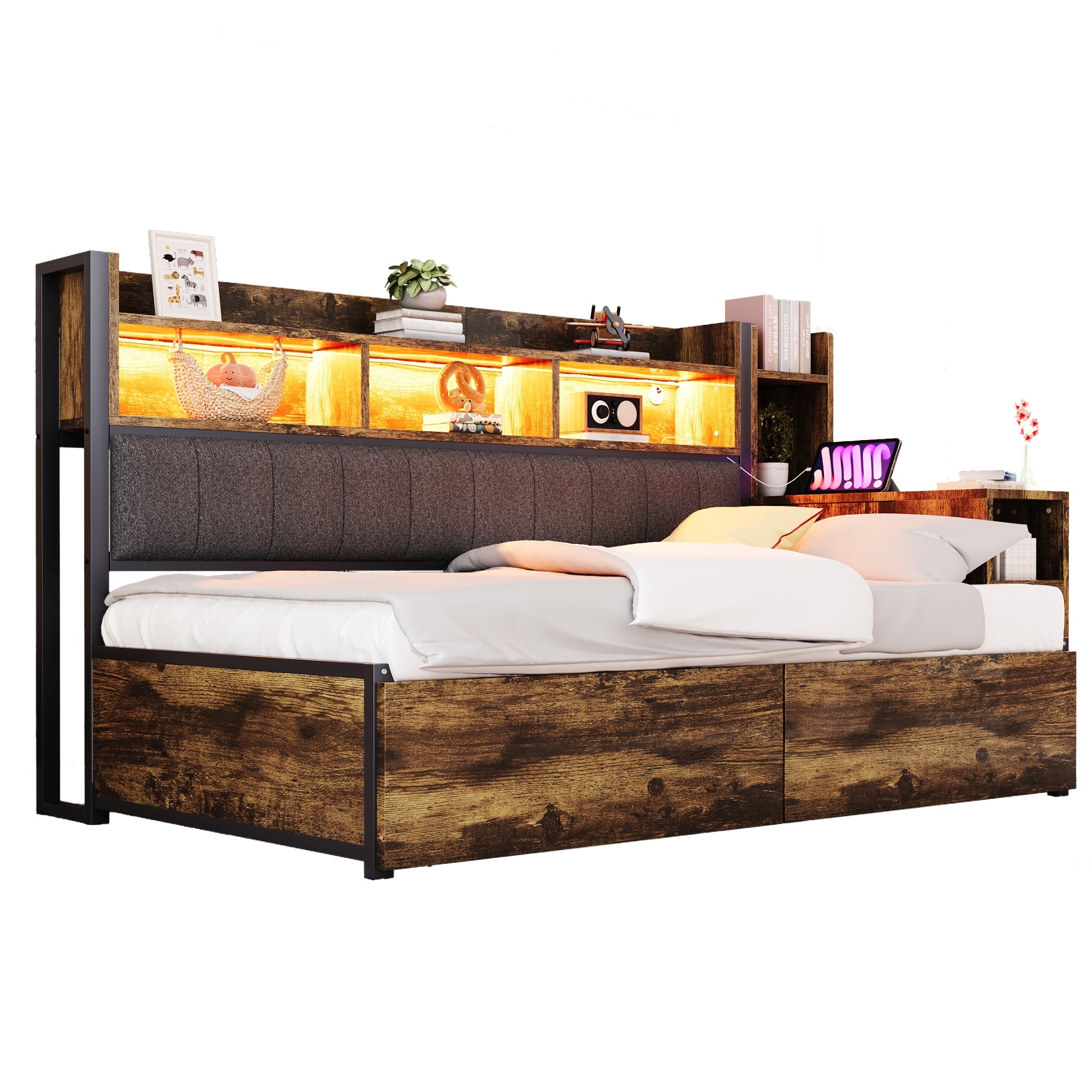 Logidon ijzeren slaapbank 90 x 200 cm houtlook opbergruimte LED
