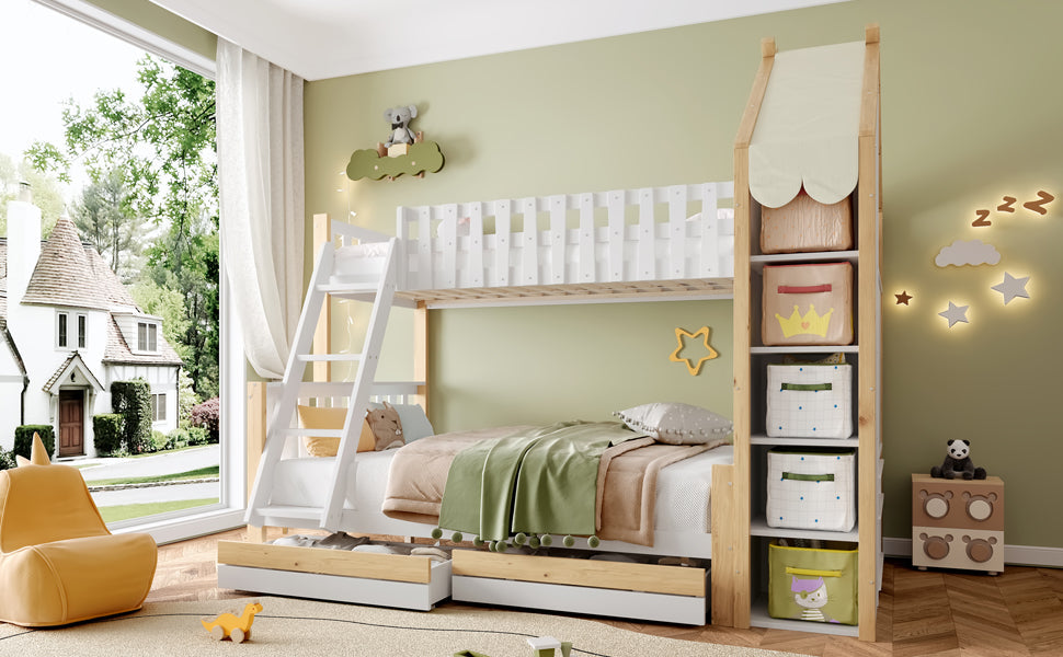 Logidon stapelbed 90x200 en 140x200 wit naturel met 2 lades