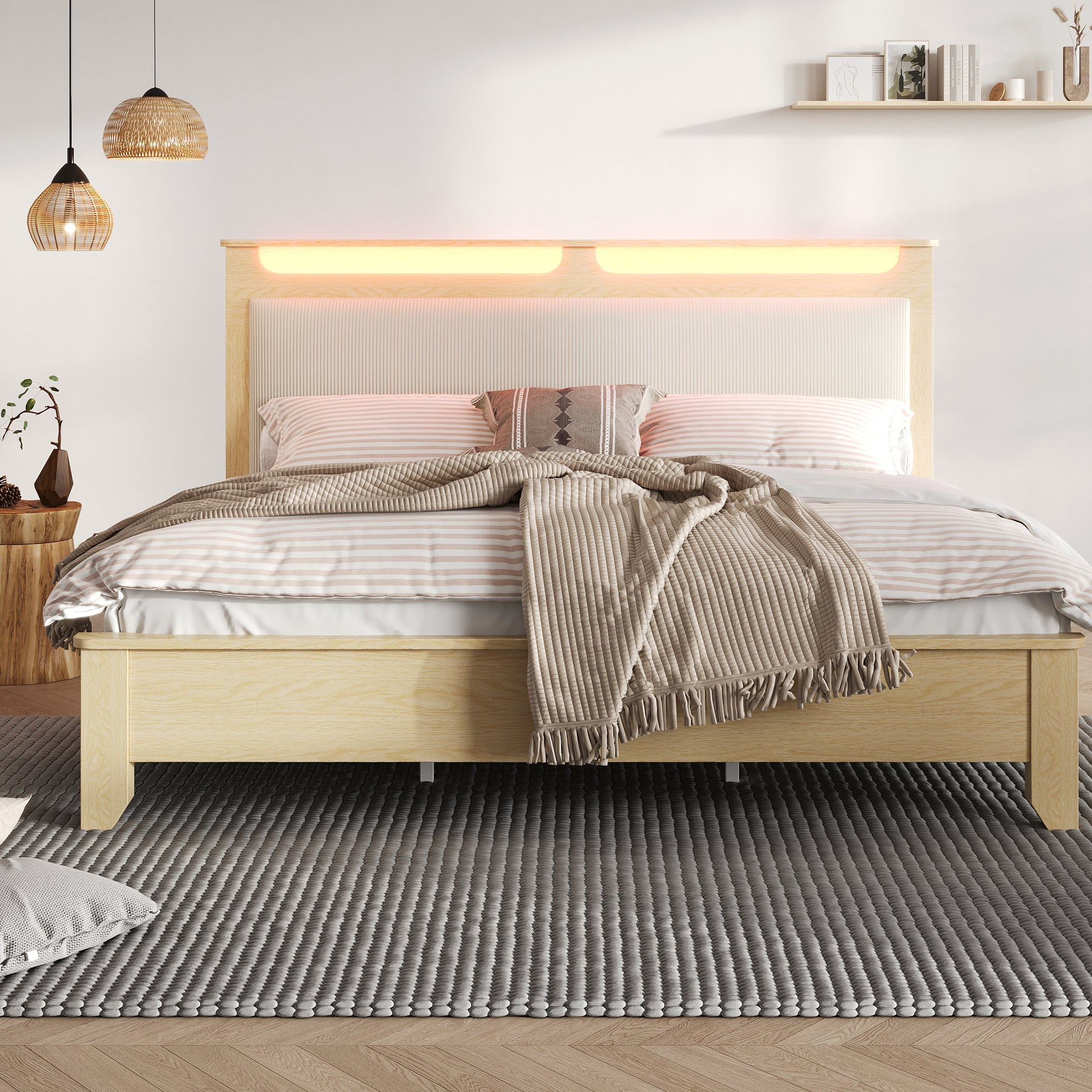 Logidon tweepersoonsbed 160x200 cm met opbergruimte en LED-verlichting beige
