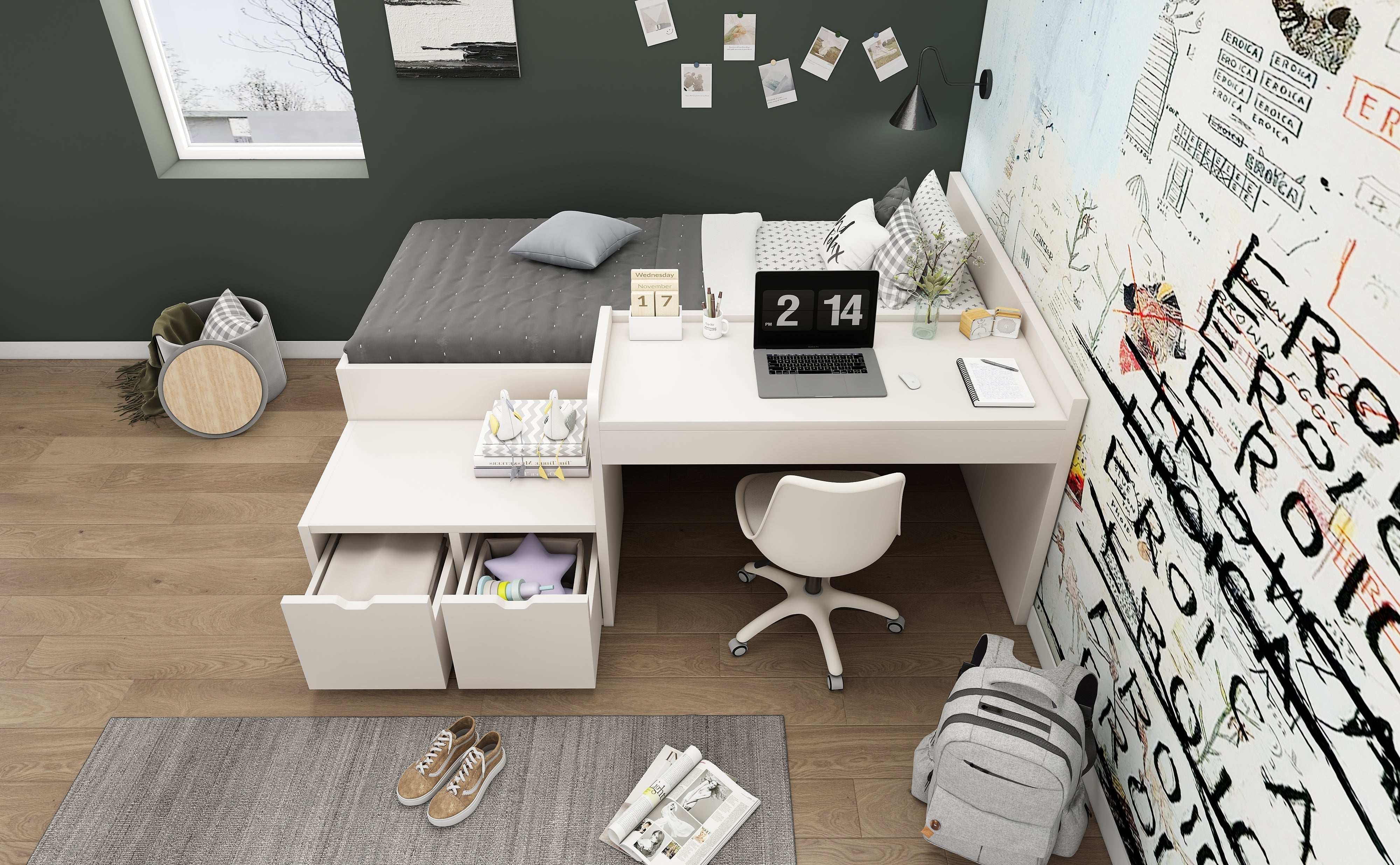 Logidon kinderbed 90x200 massief hout wit met bureau en opbergruimte