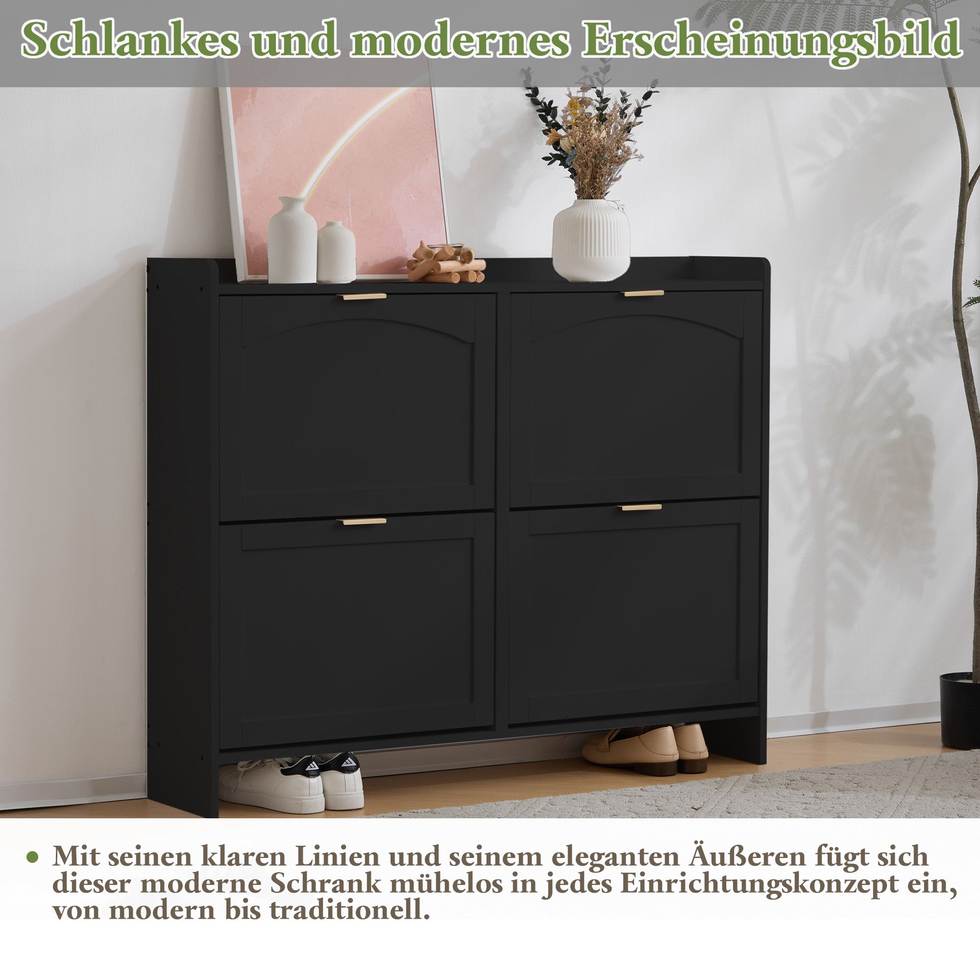 Logidon Moderne Schoenenkast Met 4 Kleppen Zwart 110 x 24 x 90 cm