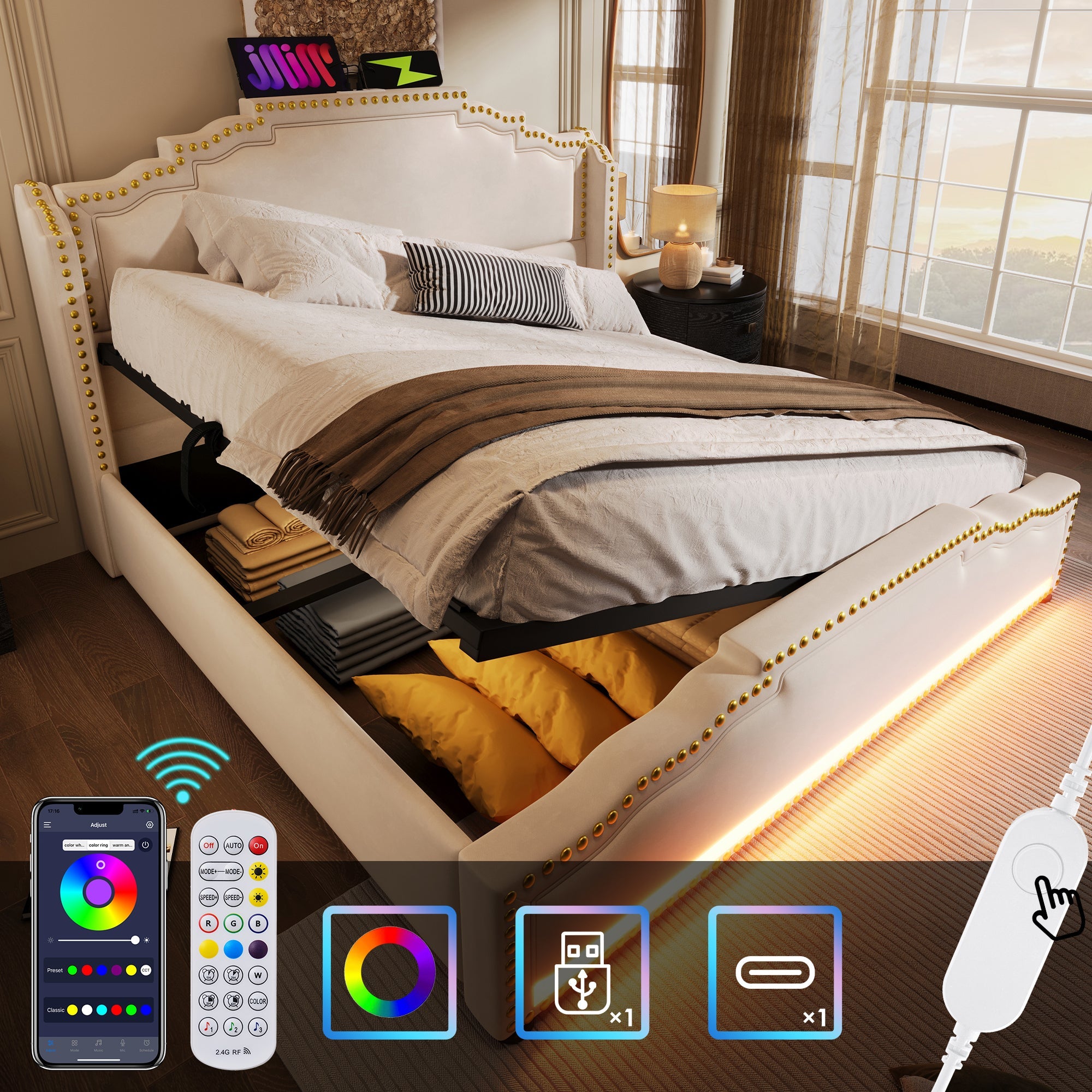 Logidon gestoffeerd bed 160x200 beige fluweel hydraulische opbergruimte LED USB-C