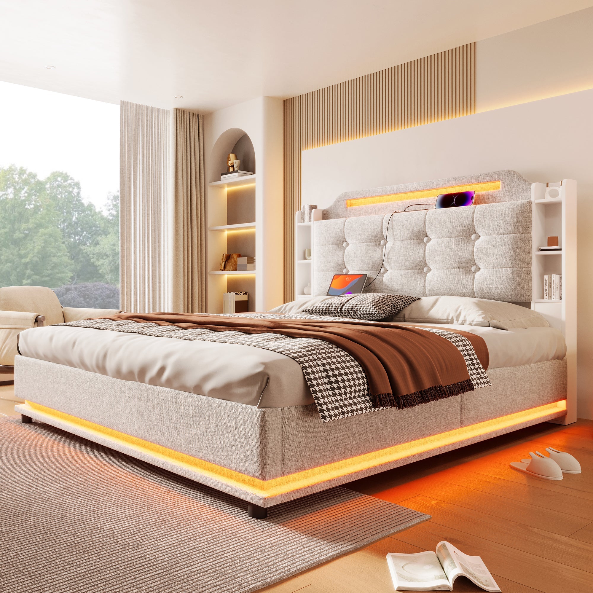 Logidon gestoffeerd bed 140x200 beige met LED lichtstrip en opbergruimte