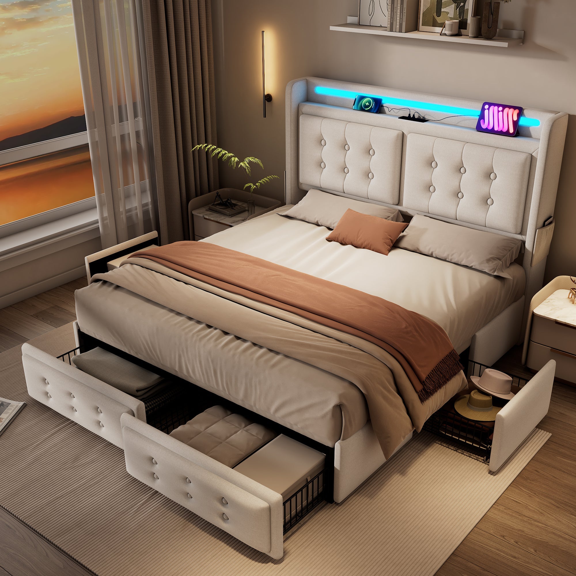 Logidon gestoffeerd bed 140x200 met LED-hoofdeinde, USB-C, beige, 4 laden