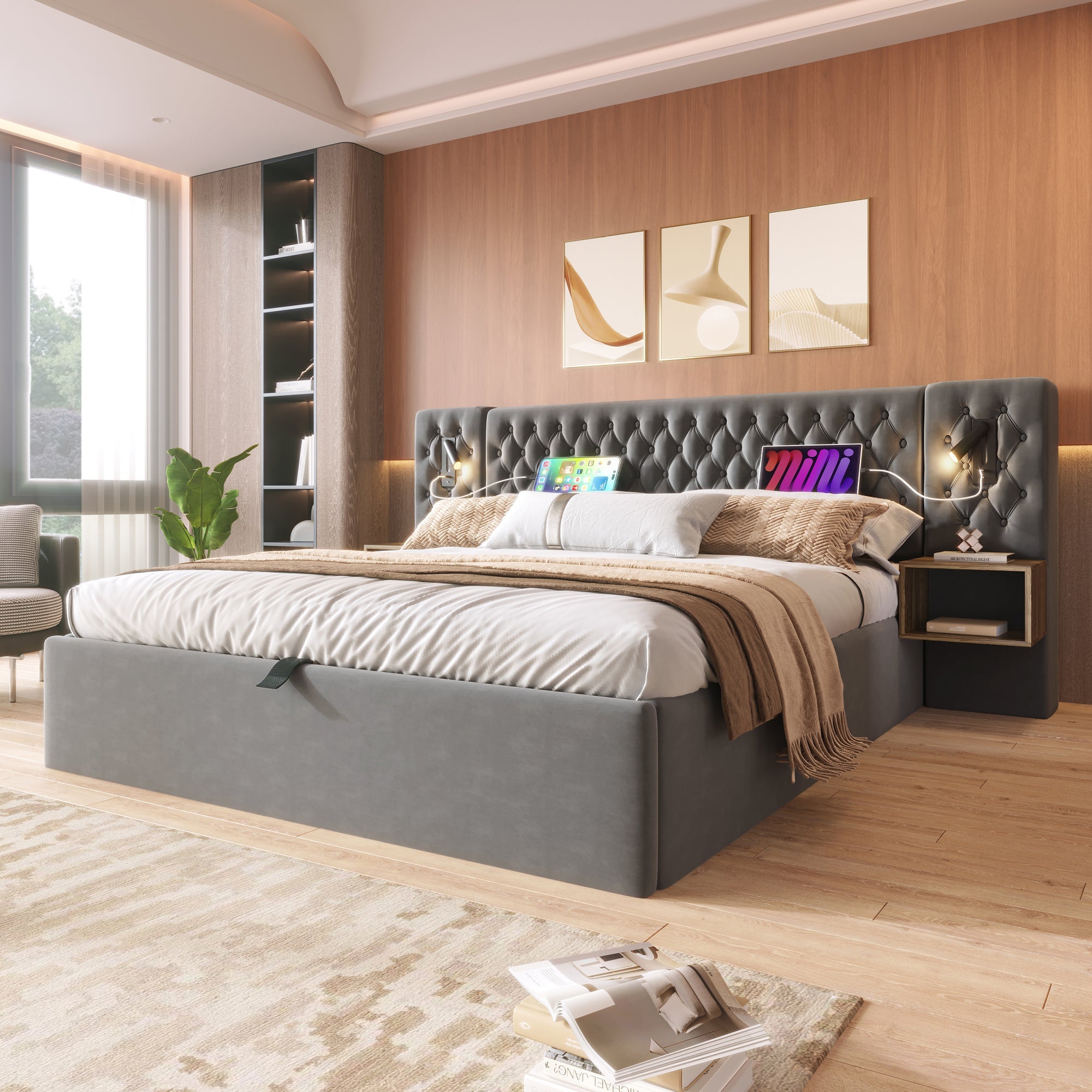 Logidon bed system hydraulic storage bed 160x200 cm gray velvet
