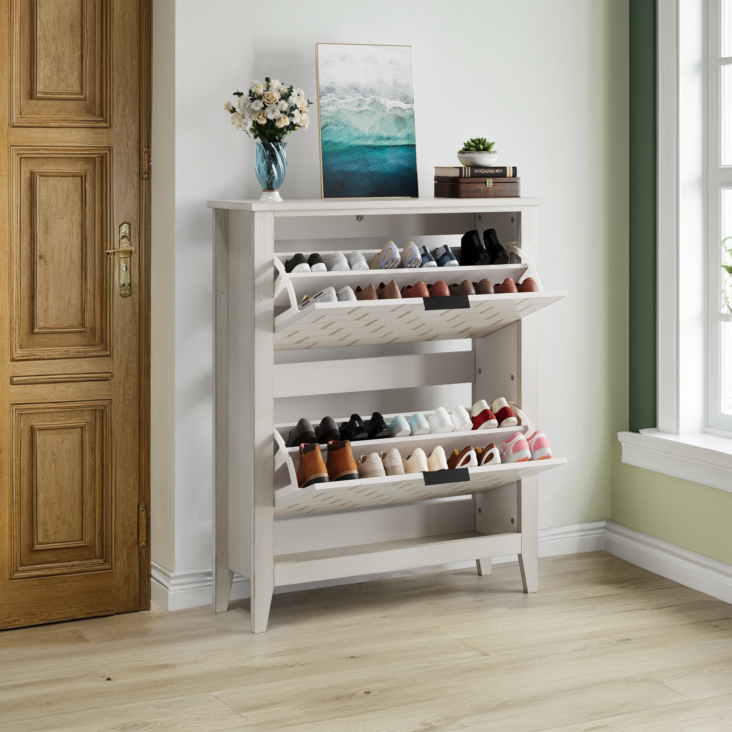 Logidon 80 cm vintage schoenenkast wit met 2 inklapbare lades
