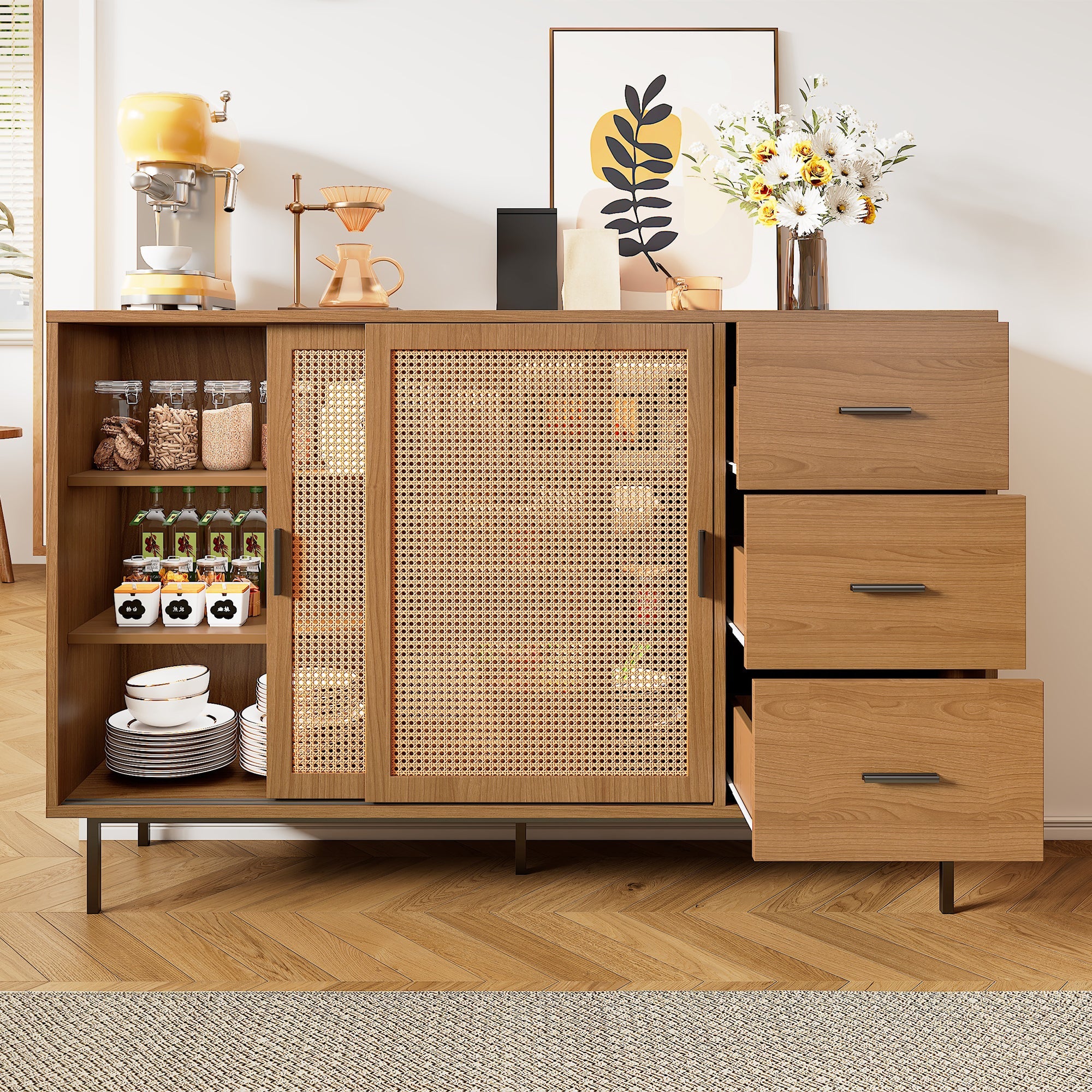 Logidon dressoir naturel 140x37x91cm met 2 schuifdeuren en 3 lades