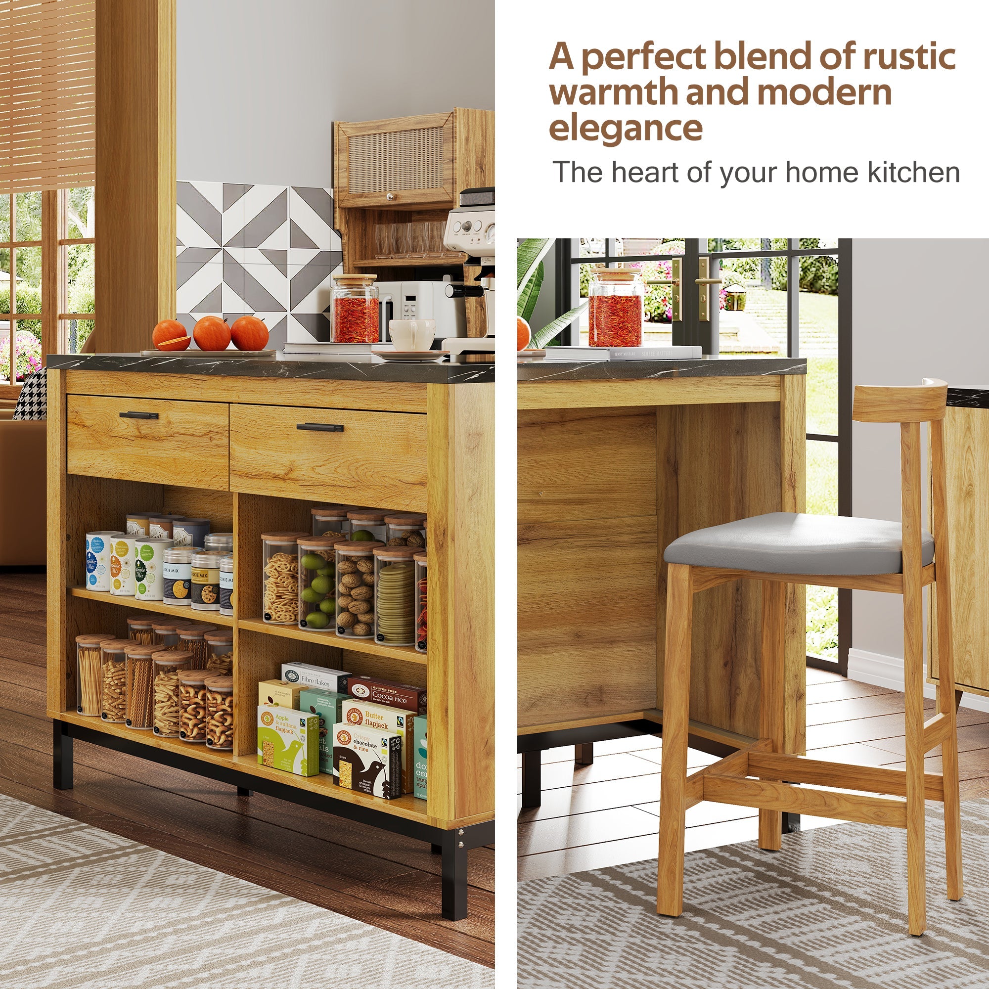 Logidon kitchen island country house style 120x75x90 cm with 2 drawers and 4 shelves