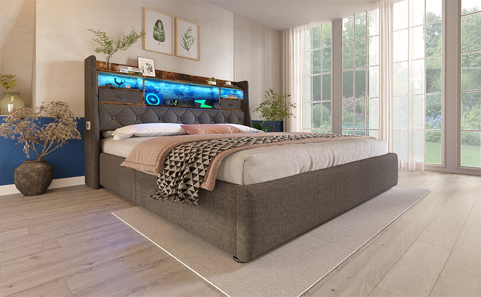 Logidon gestoffeerd bed 160x200 cm met opbergruimte, LED-hoofdbord, USB-C