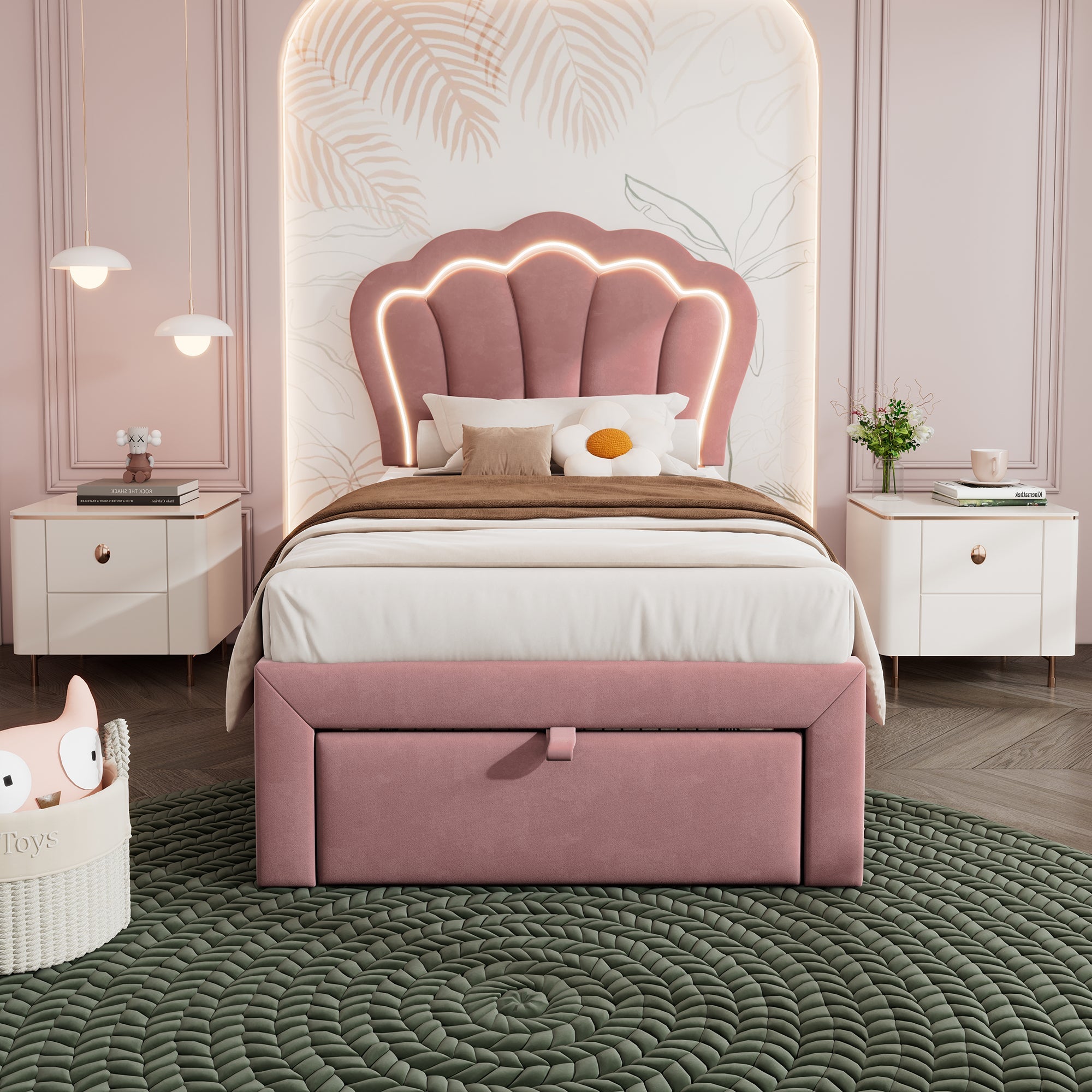 Logidon kinderbed LED 90x190 roze fluweel gestoffeerd bed met lades