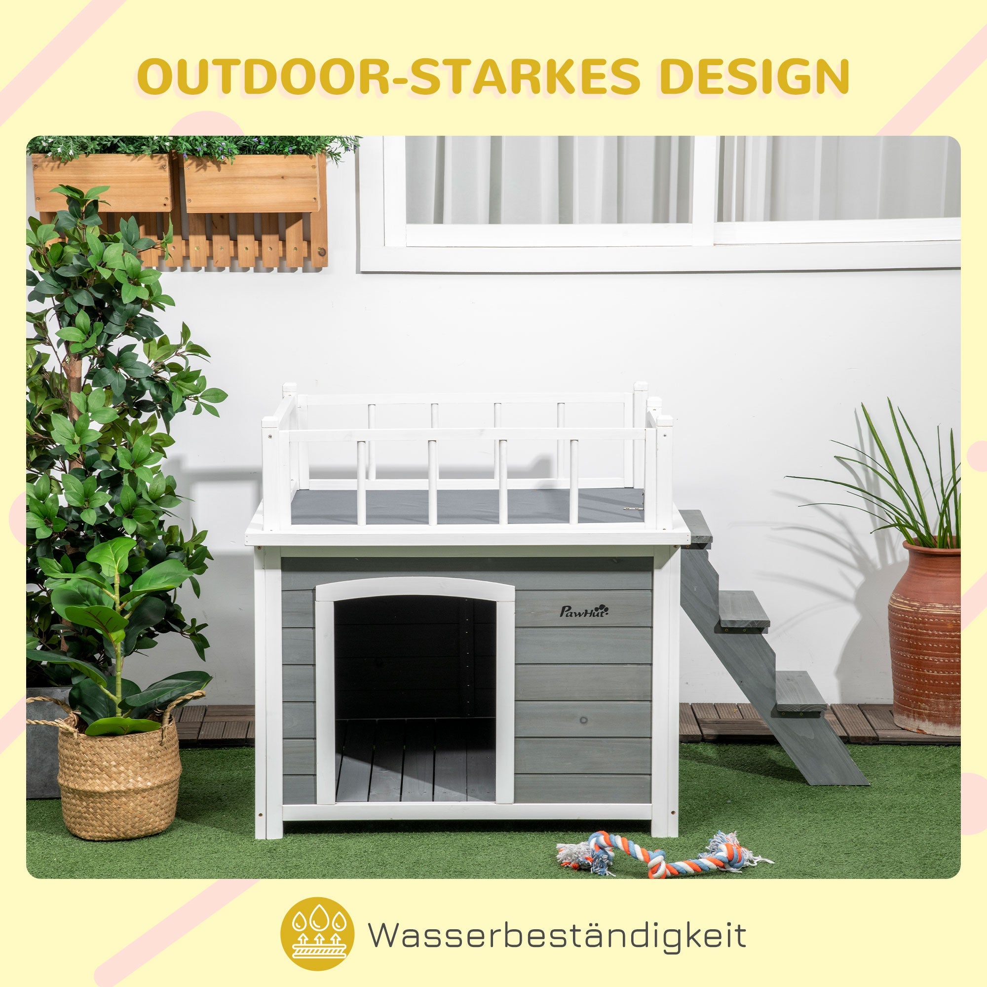 Logidon Hondenkennel PawHut Met Balkontrap Verhoogd Houten Huis Lichtgrijs