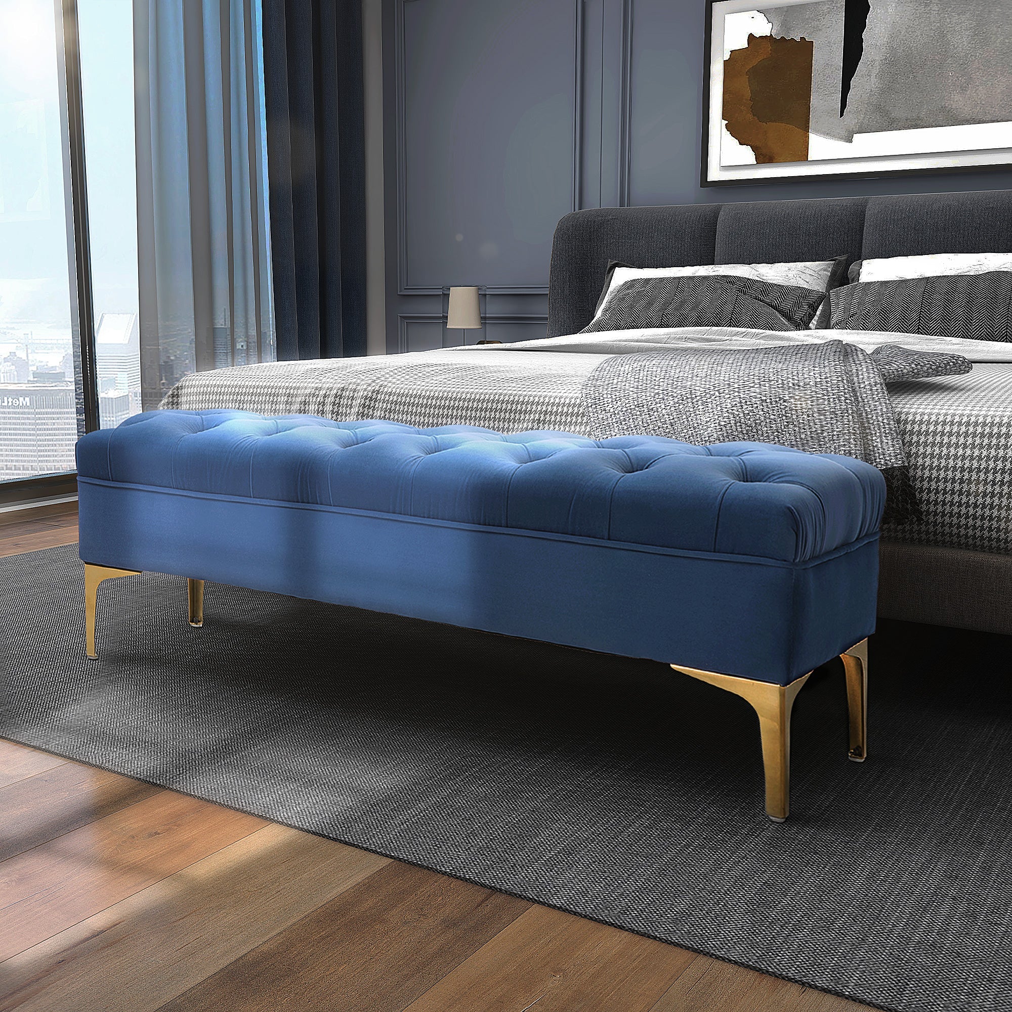 Logidon Blauw Fluwelen Bank met Gouden Poten 118x45x42 Cm