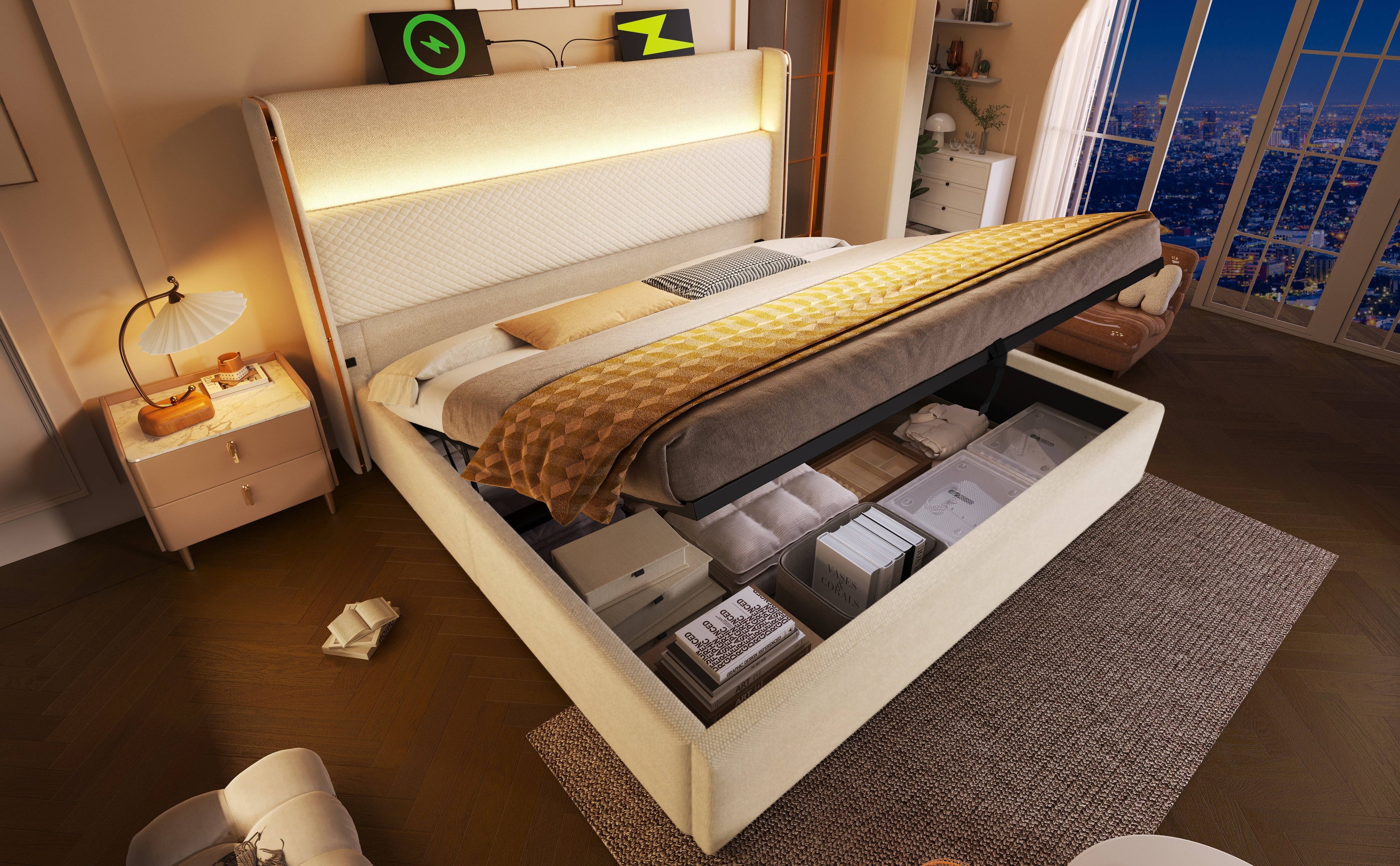 Logidon hydraulisch bed 140x200 beige linnenlook met LED