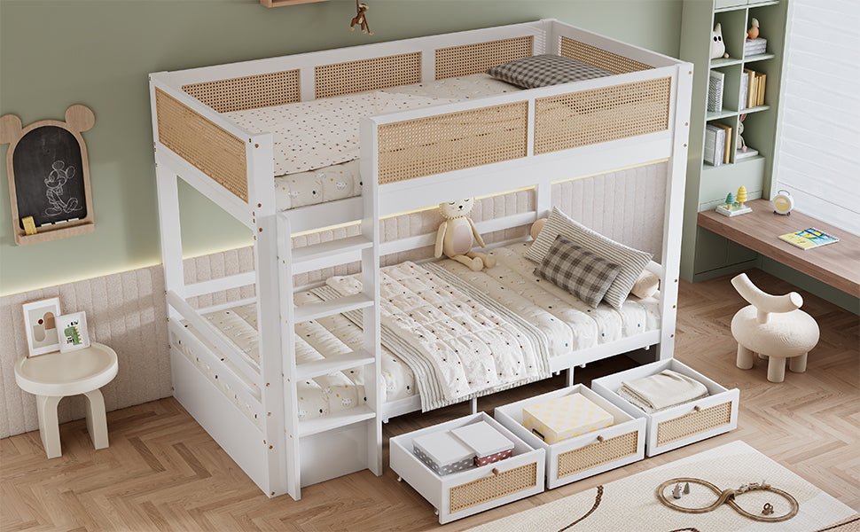 Logidon stapelbed 90x200 cm wit met rotan hekwerk drie lades