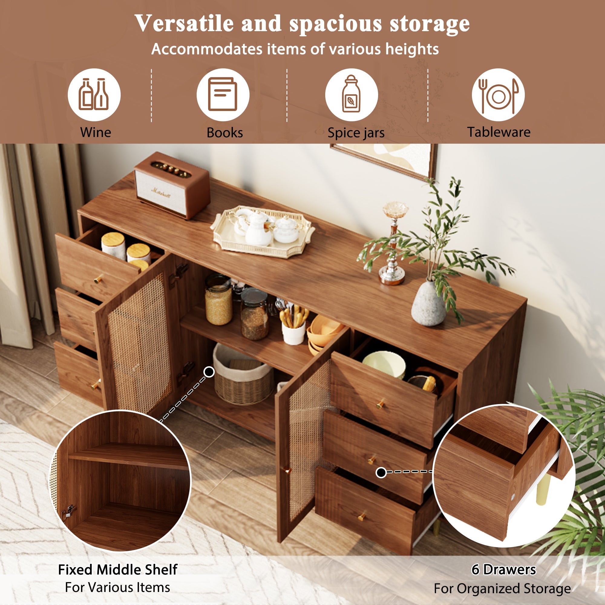 Logidon Rotan Dressoir Bruin 160x40x90 cm met Lade