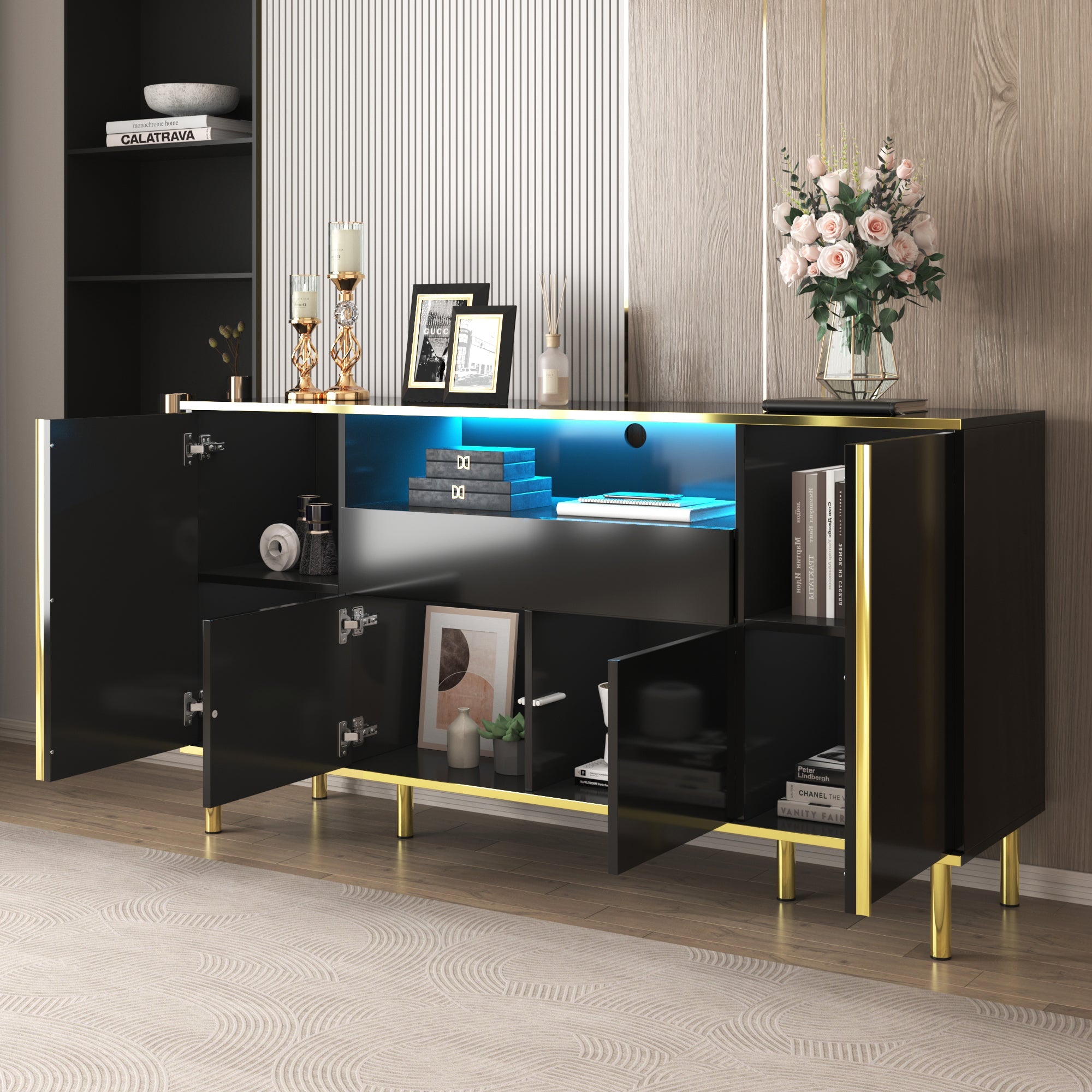 Logidon high-gloss sideboard black 150x40x80 with LED accents
