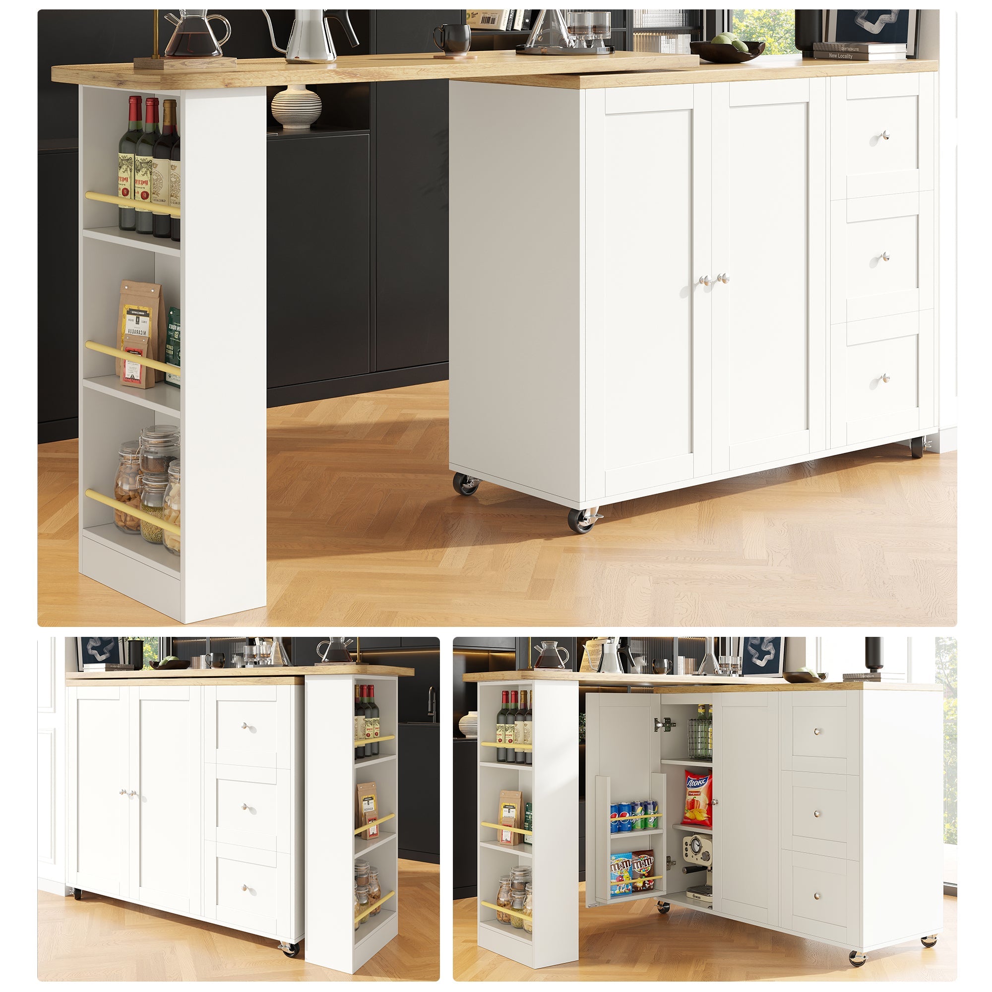 Logidon Swivel Dining Table White with Wheels Three Drawers 138-209 cm