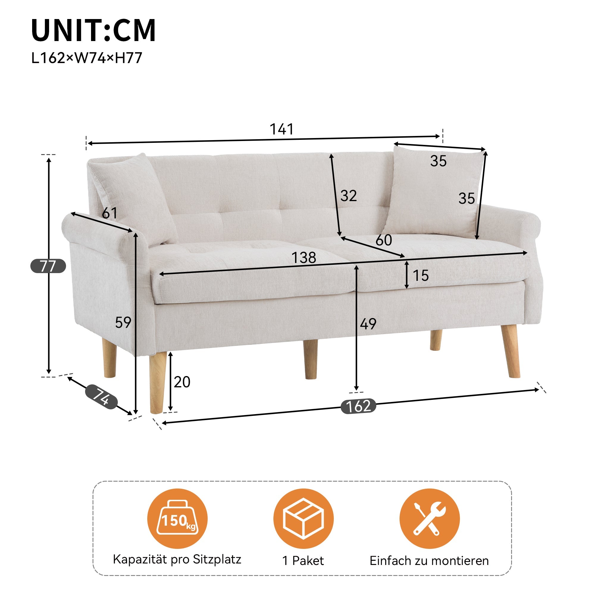 Logidon Chenille Tweepersoonsbank Beige Modern Design Gestoffeerd