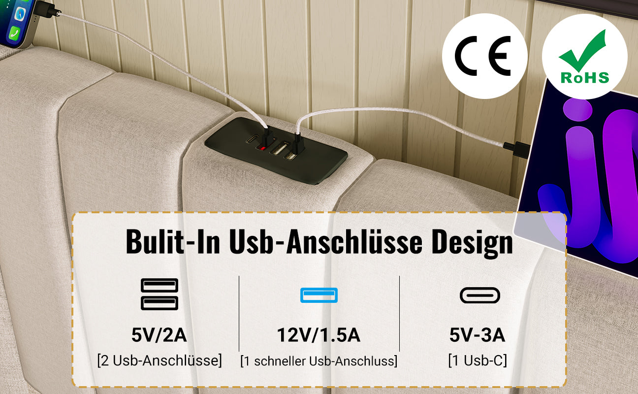 Logidon gestoffeerd bed 180x200 opbergruimte met LED USB oplaadfunctie beige