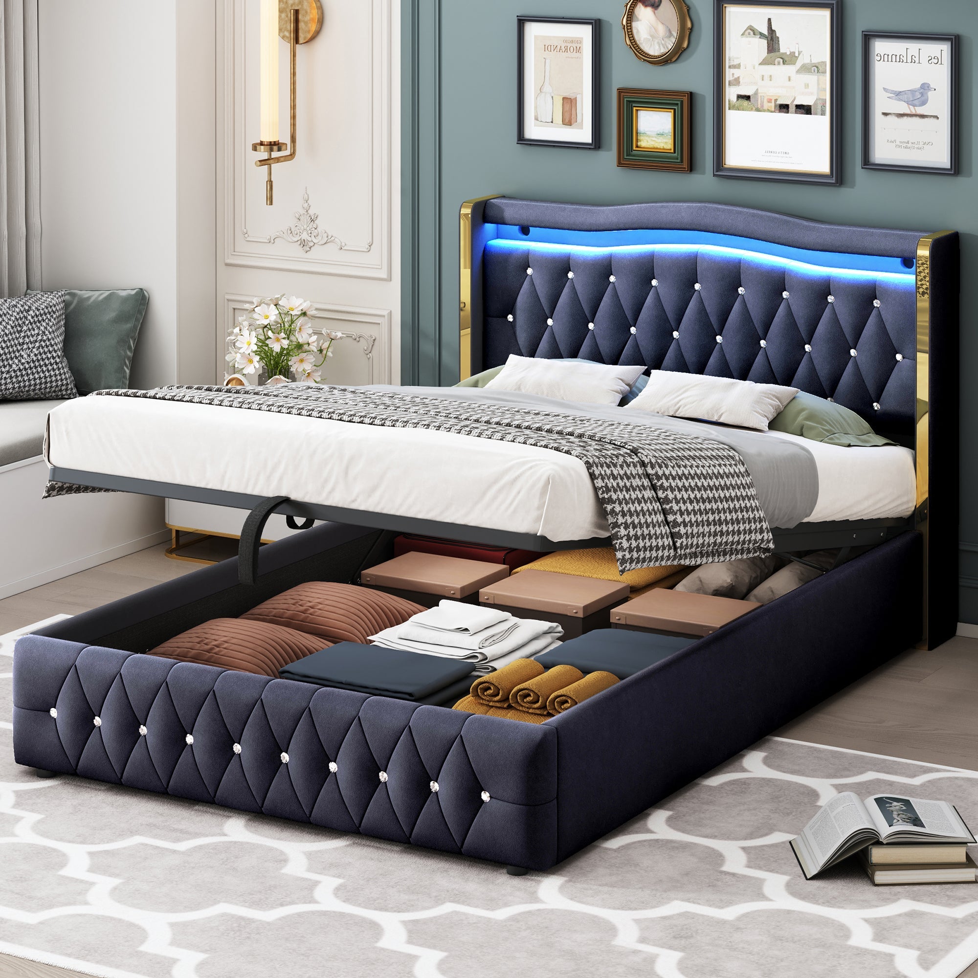 Logidon gestoffeerd bed 140x200 cm Velvet Black LED-verlichting