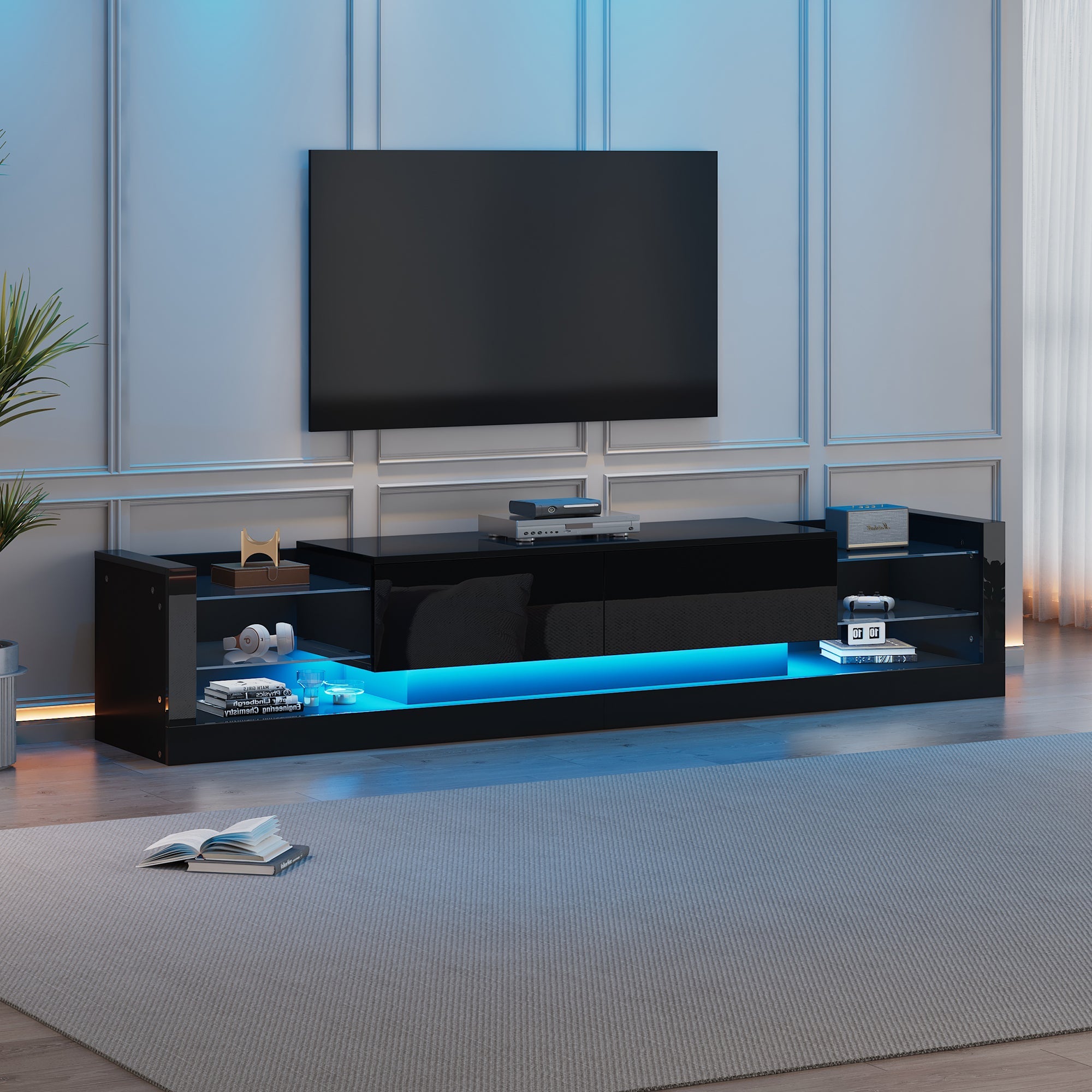 Logidon high-gloss TV cabinet 181 cm LED lighting black glass front