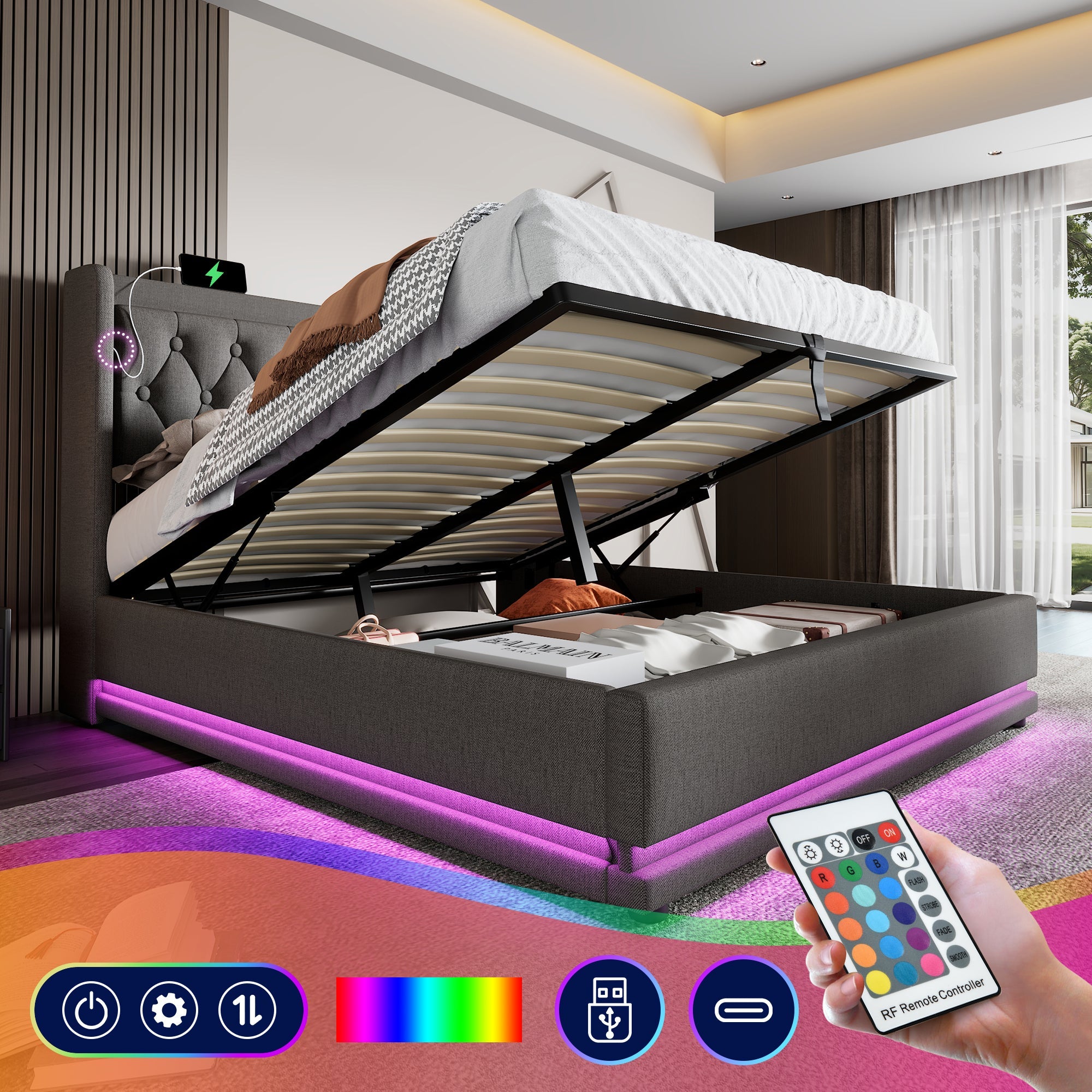 Logidon gestoffeerd bed 160x200 cm grijs fluweel opbergruimte USB-C oplaadfunctie
