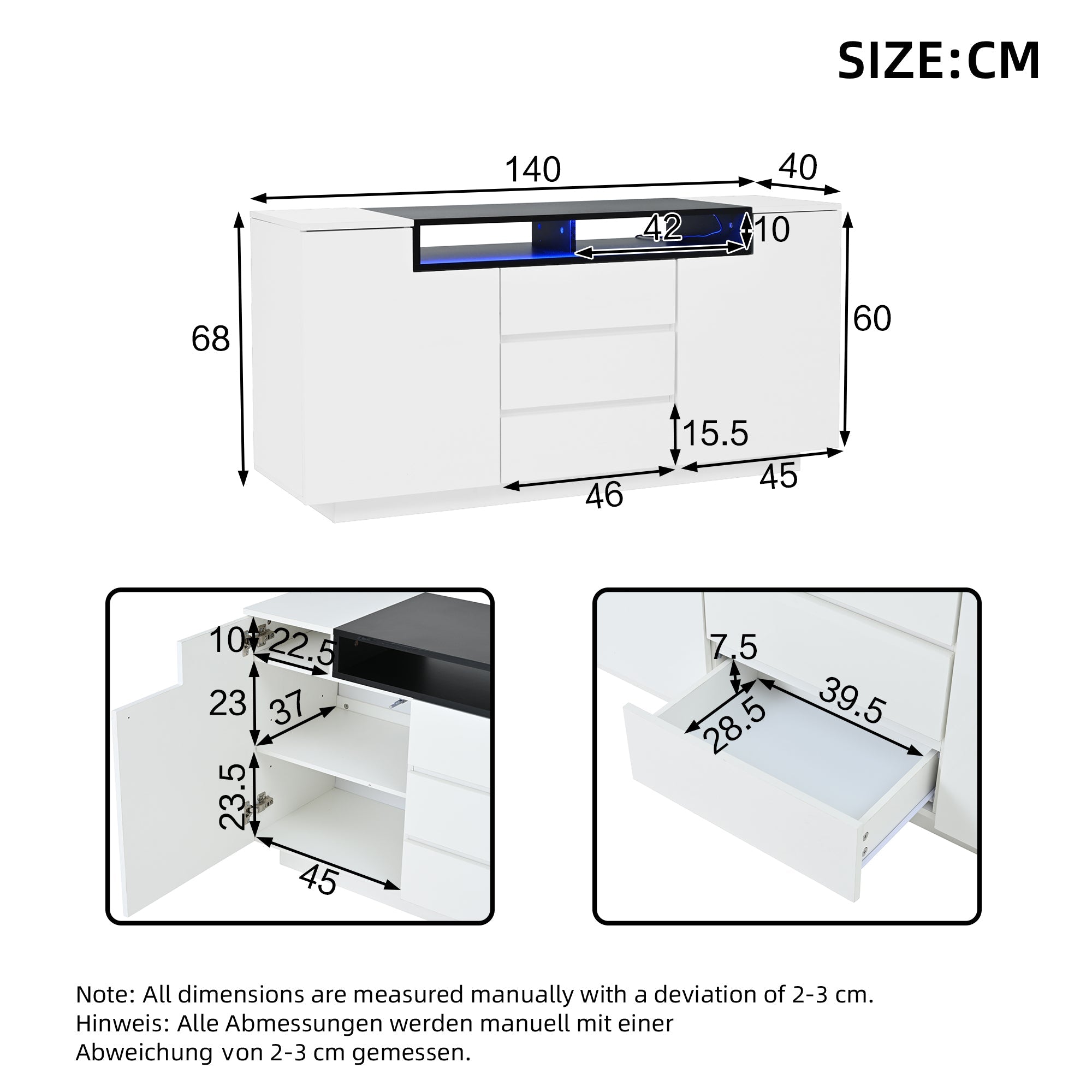 Logidon wit hoogglans dressoir 140 cm met LED, 2 deuren, 3 lades
