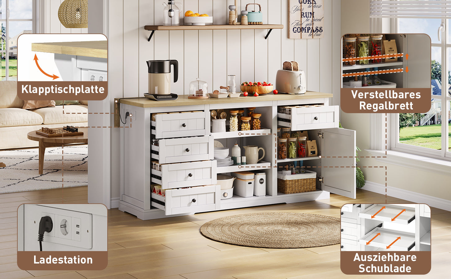 Logidon dressoir keukeneiland wit houten blad 5 laden 150x65x75 cm