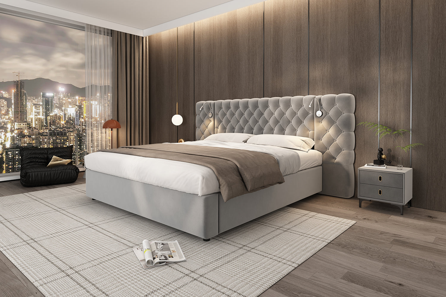 Logidon upholstered bed 180 x 200 cm with hydraulic storage space LED gray