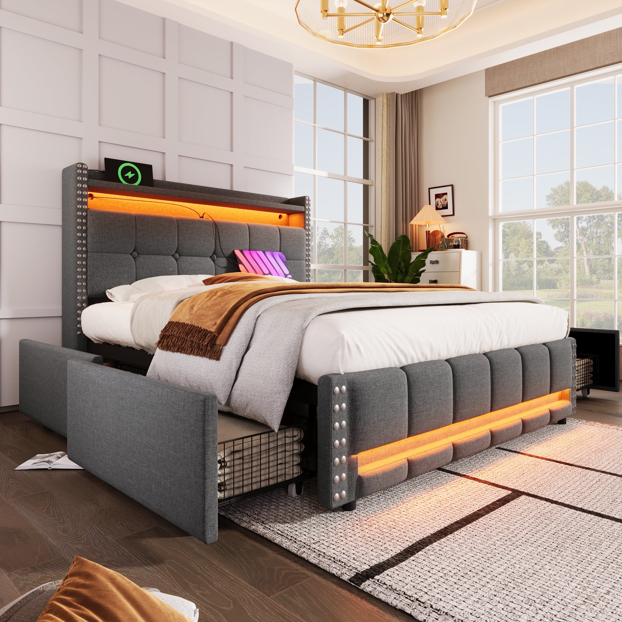 Logidon gestoffeerd bed 140x200 grijs met LED verlichting USB