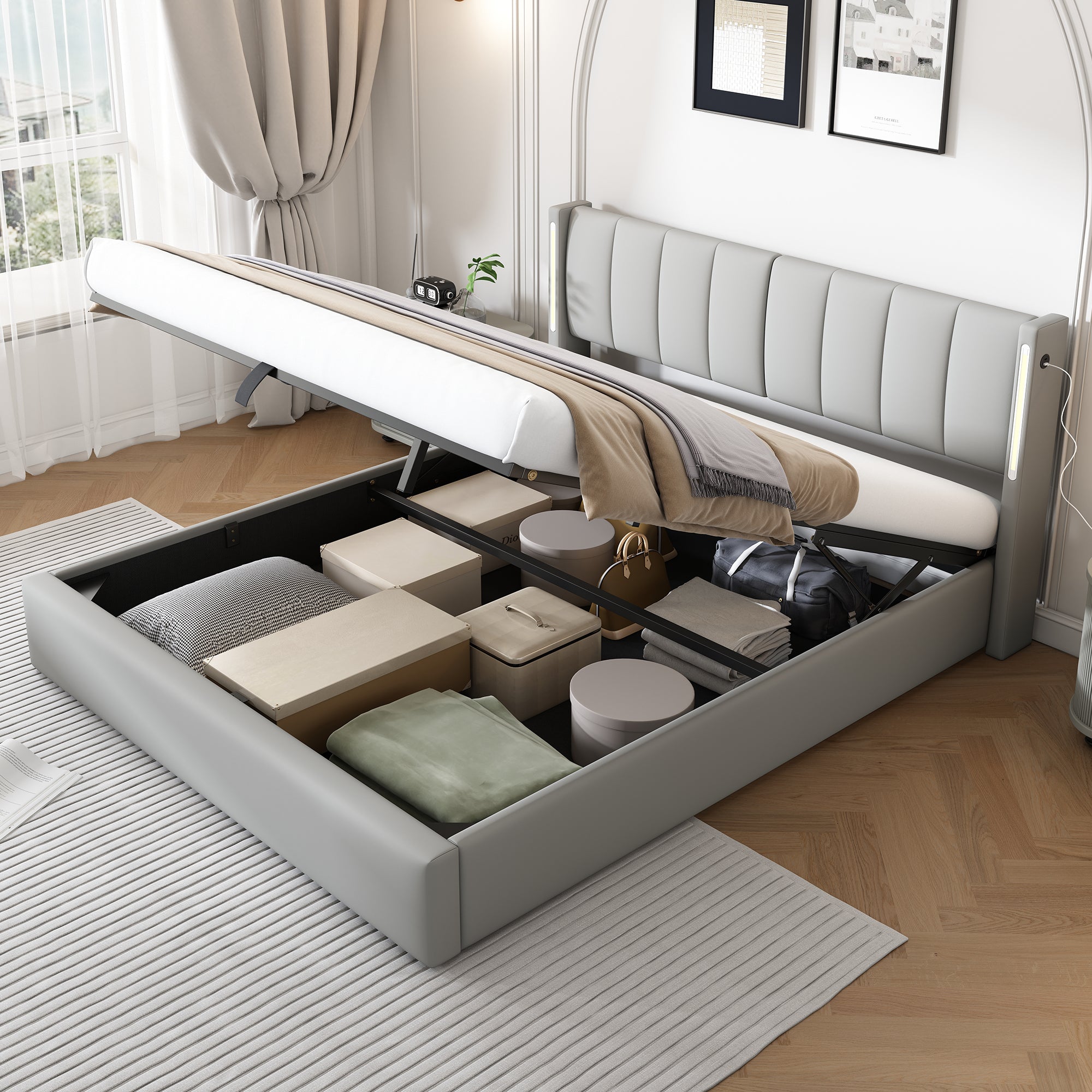 Logidon Binaural LED Upholstered Bed 160x200 Gray With Storage Space