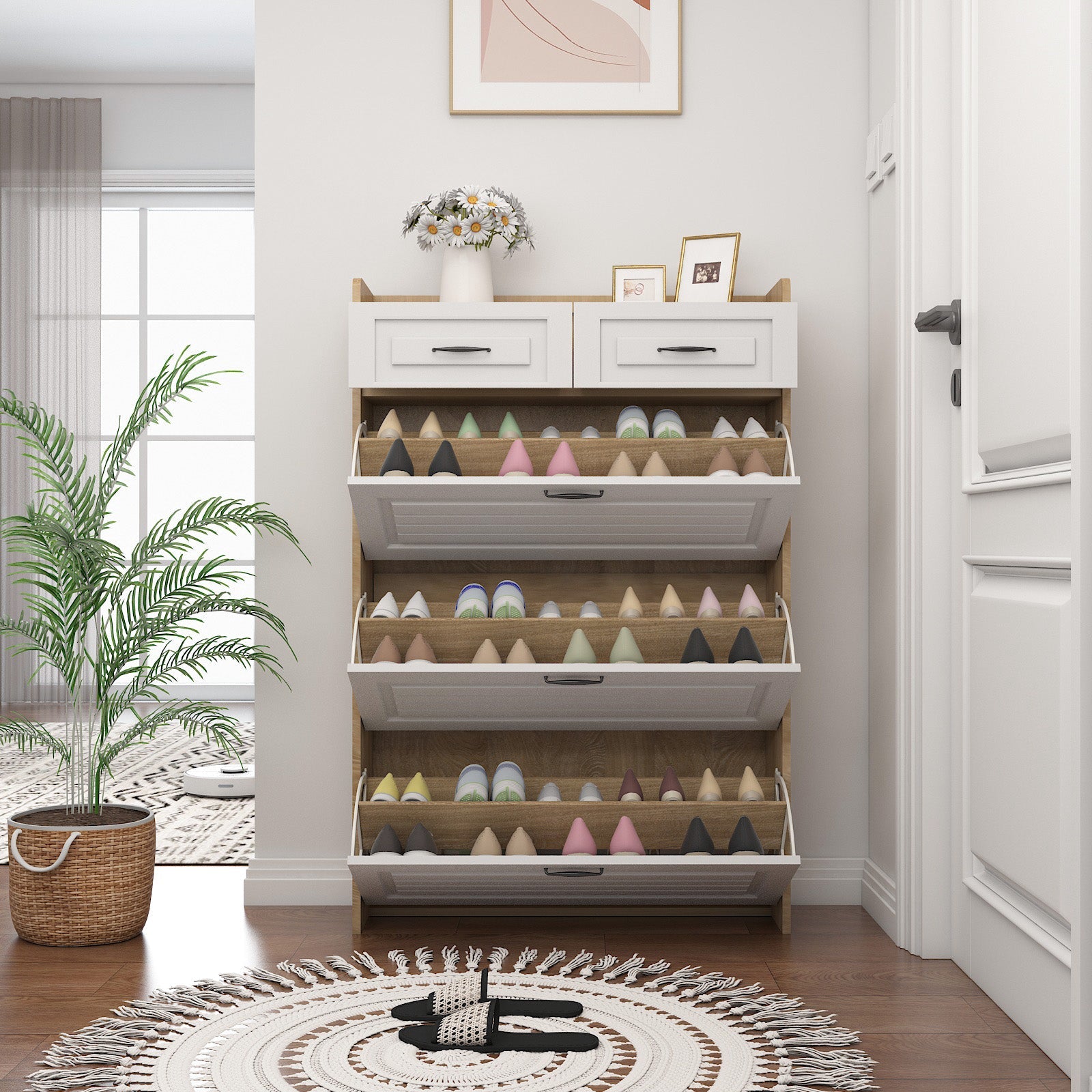 Logidon shoe chest white rotating shoe cabinet 3 flaps 2 drawers