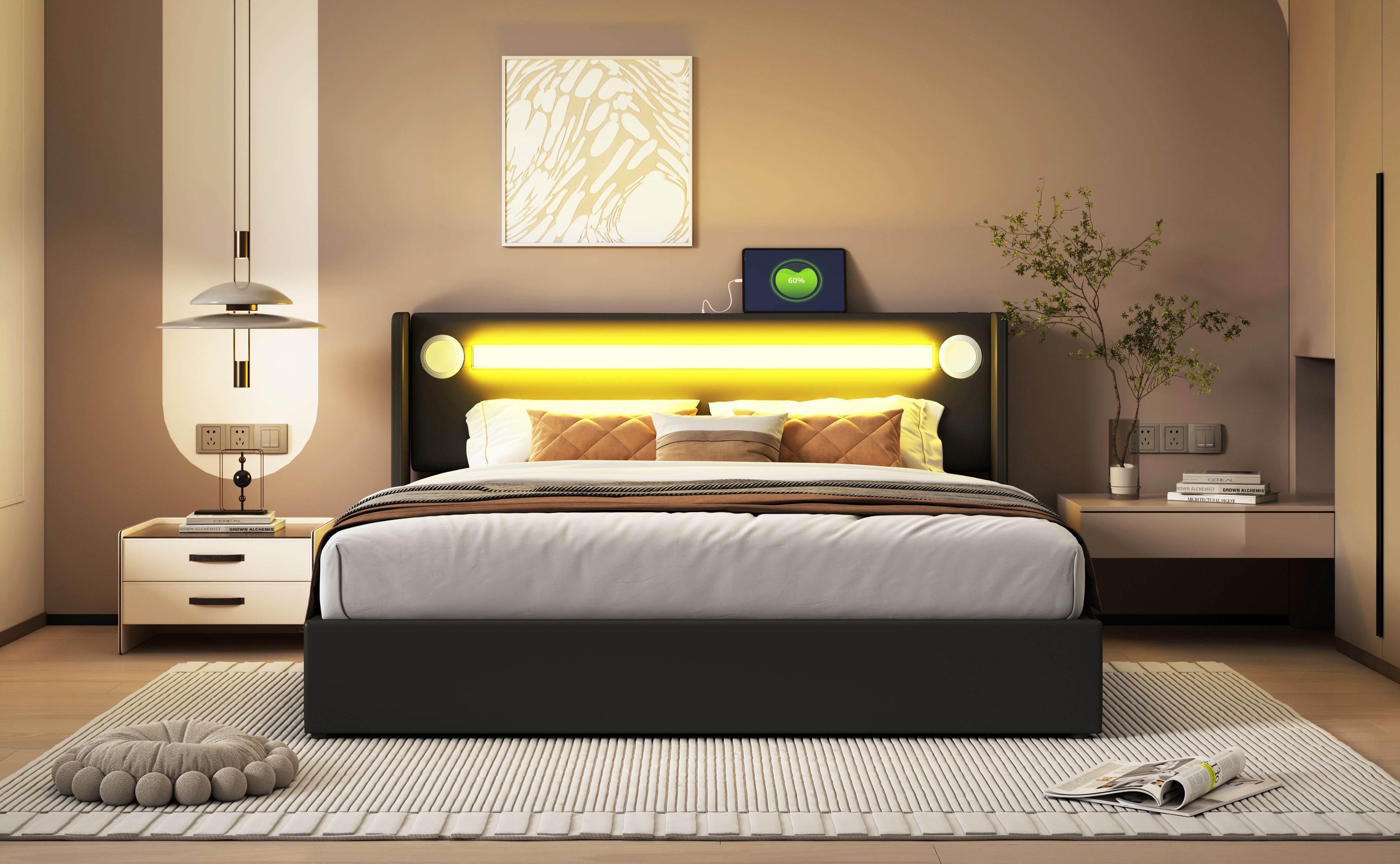 Logidon gestoffeerd bed 160x200 zwart met LED lichtstrip USB opladen