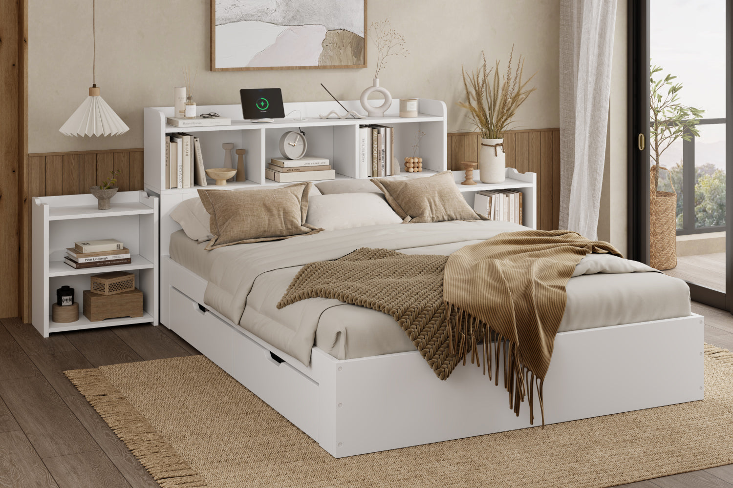 Logidon tweepersoonsbed 140x200 wit met lattenbodem uitschuifbare nachtkastjes