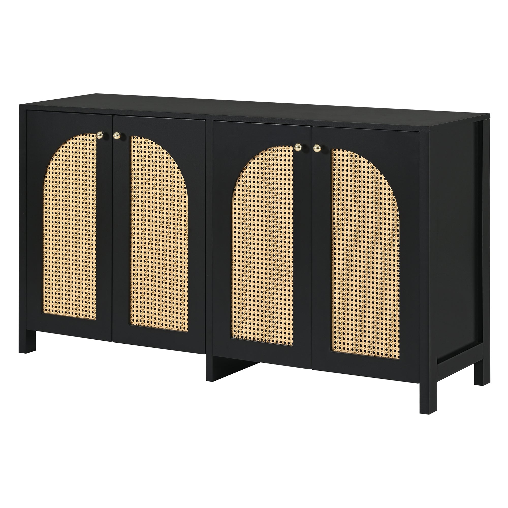 Logidon Dressoir Zwart Met Rotan Deuren Modern Buffet 145x40x80