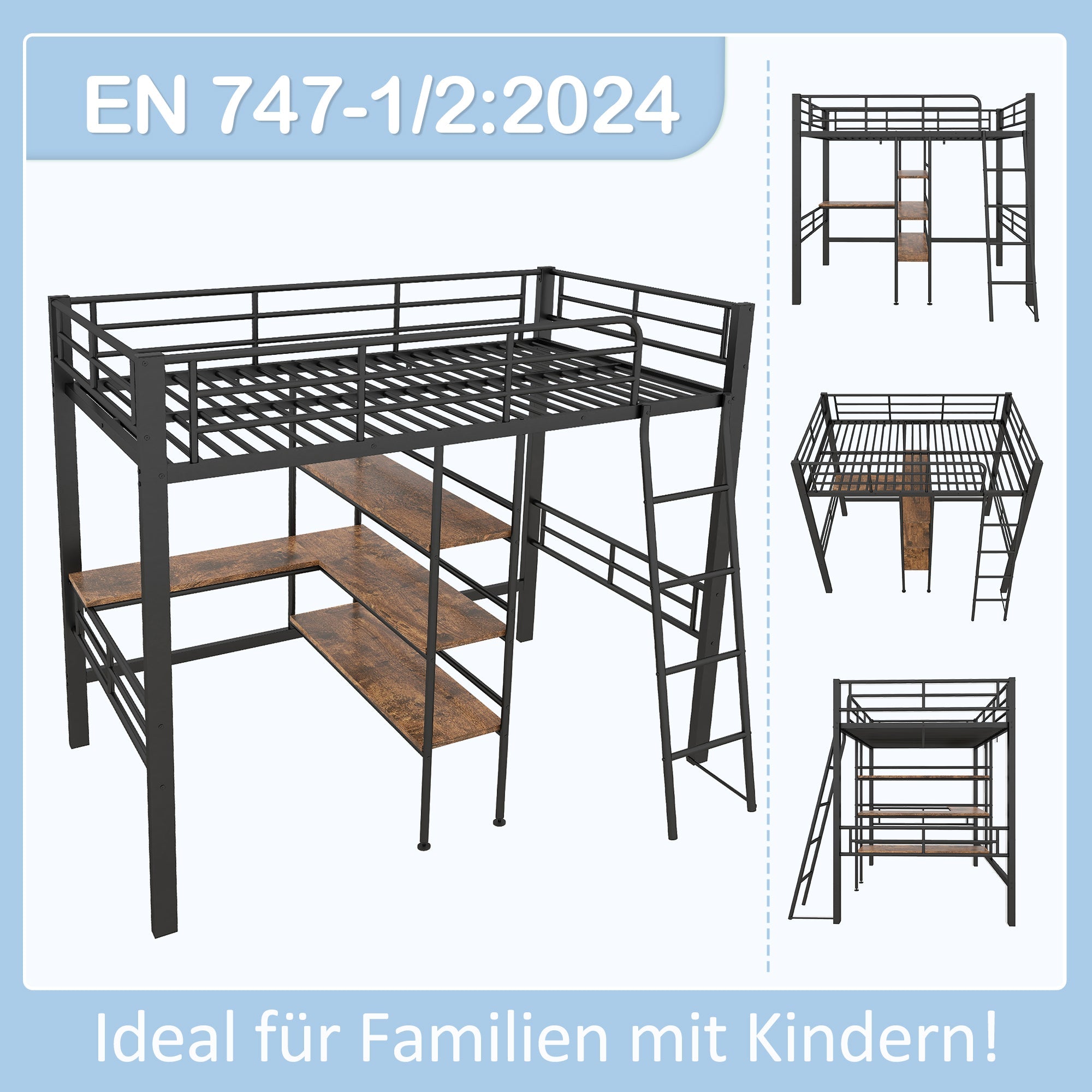 Logidon hoogslaper 90x200 cm met bureau, metalen frame zwart