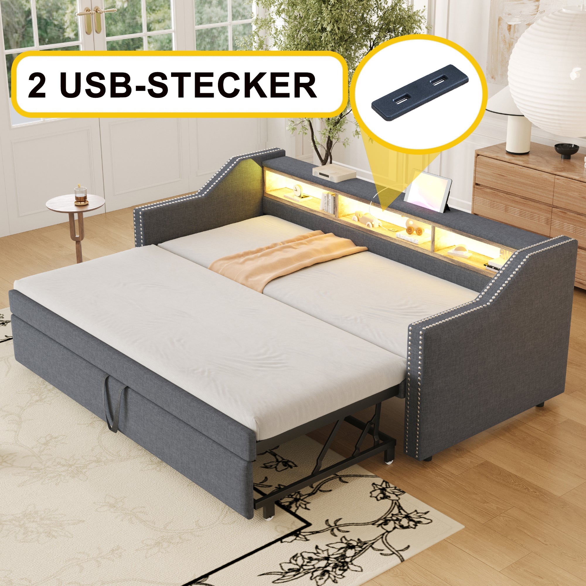 Logidon uitschuifbare slaapbank 90/180x190 cm donkergrijs LED USB