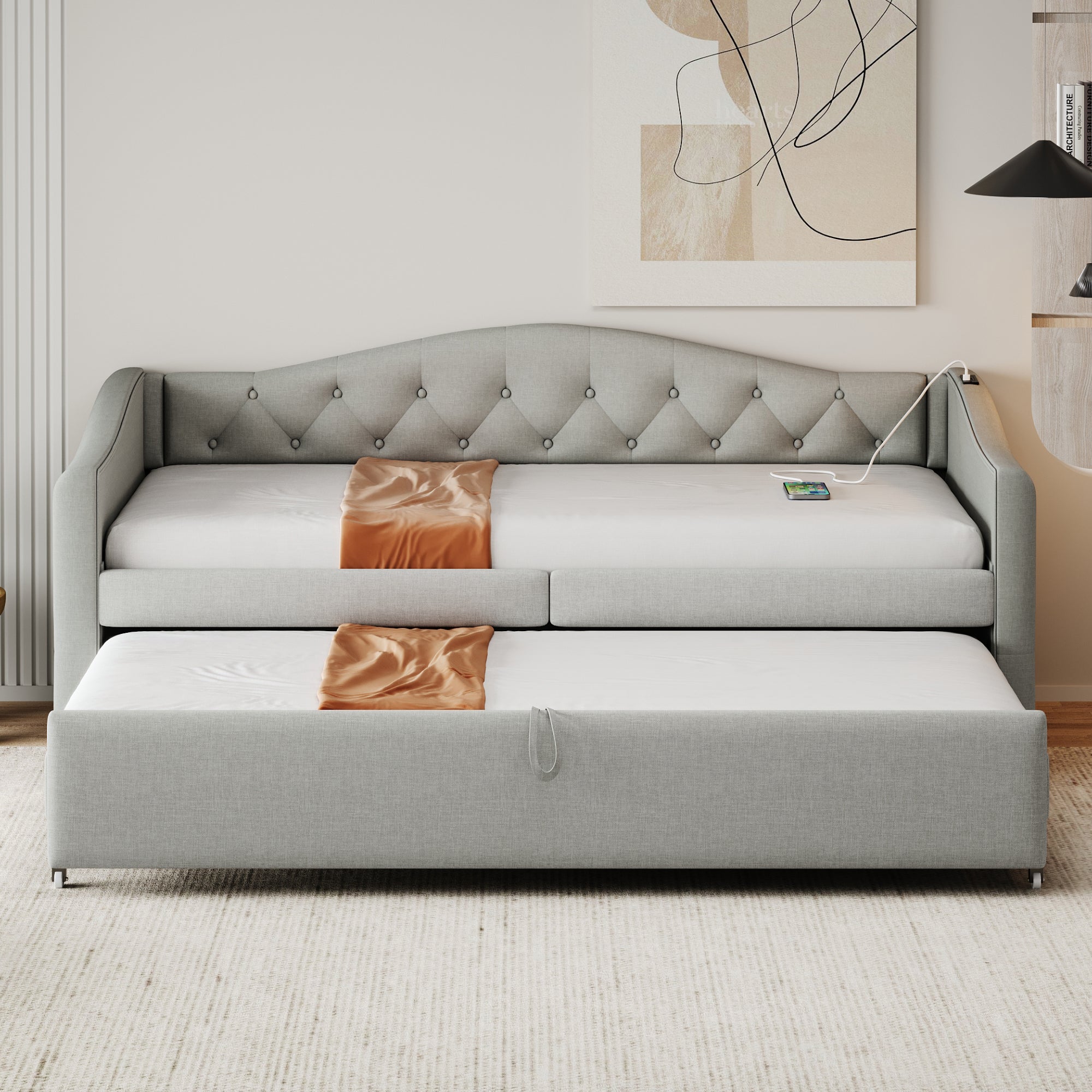 Logidon Upholstered Bed Extendable Sofa Bed 90x200 Gray Linen Fabric USB