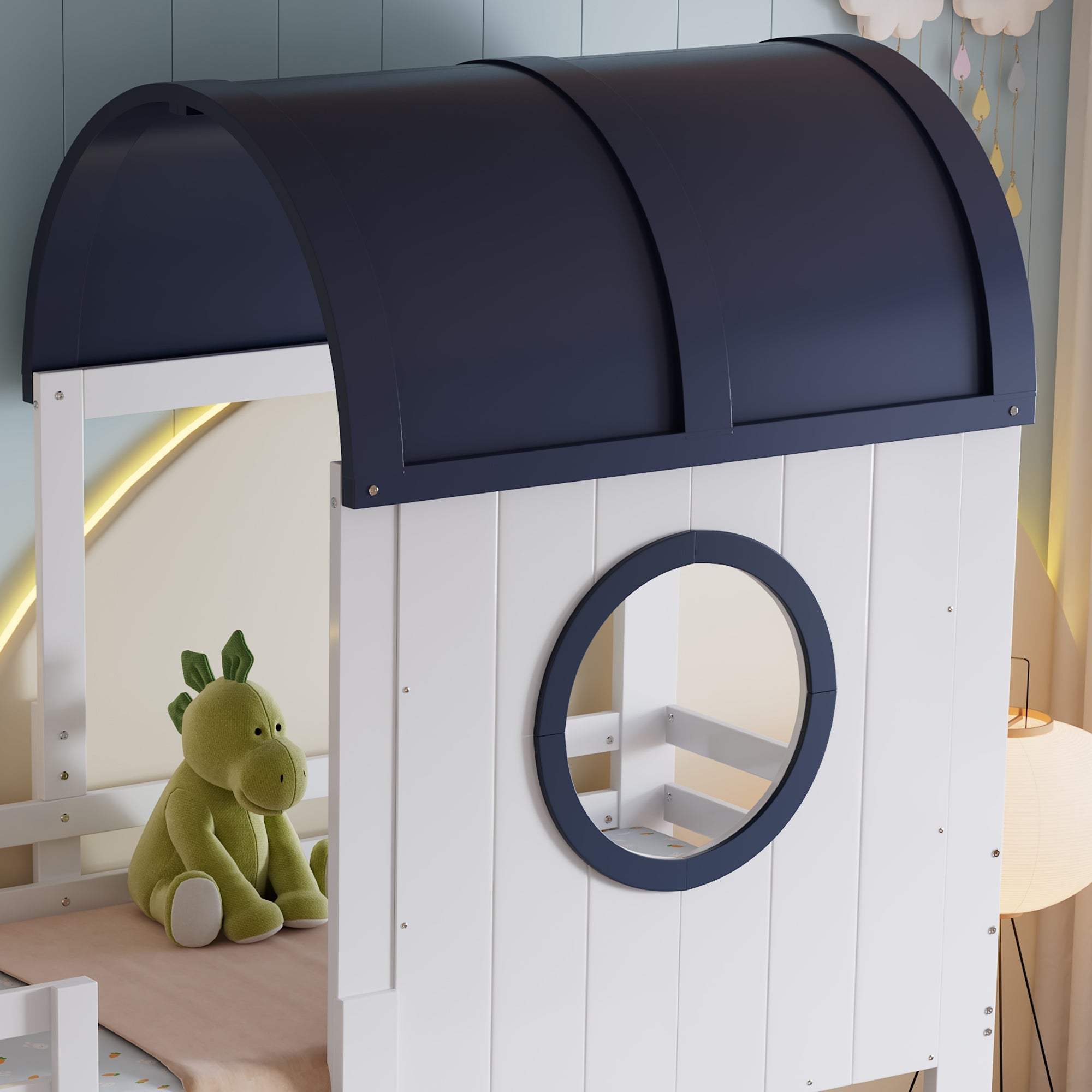 Logidon stapelbed halfhoogslaper 90x200 wit donkerblauw dakraam