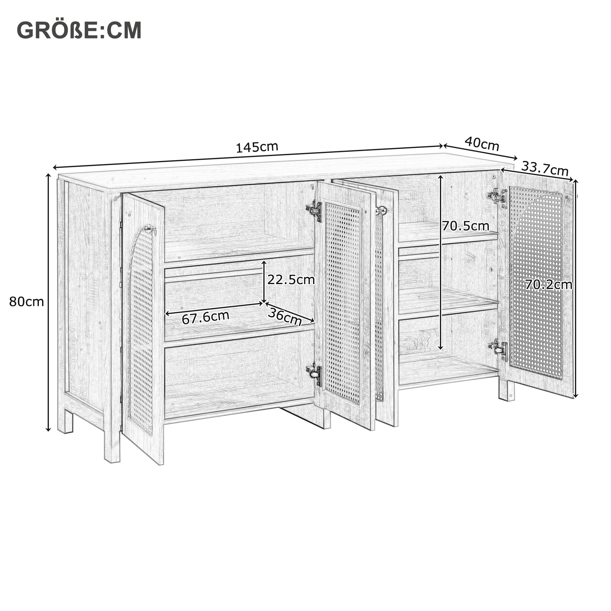 Logidon Dressoir Zwart Met Rotan Deuren Modern Buffet 145x40x80