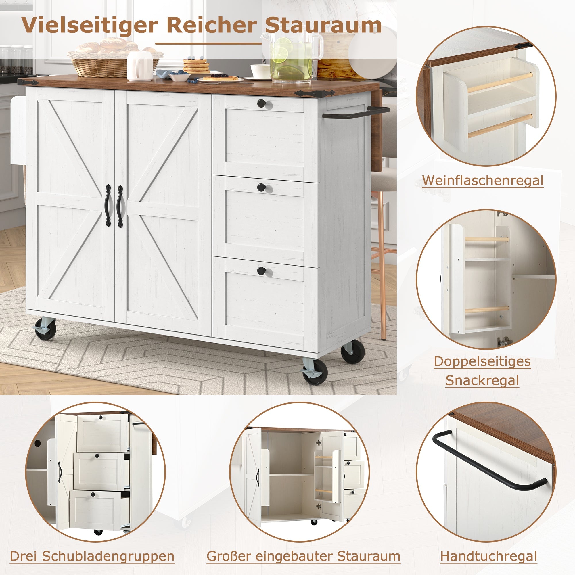 Logidon kitchen island with extendable worktop beige MDF 140 x 45 cm