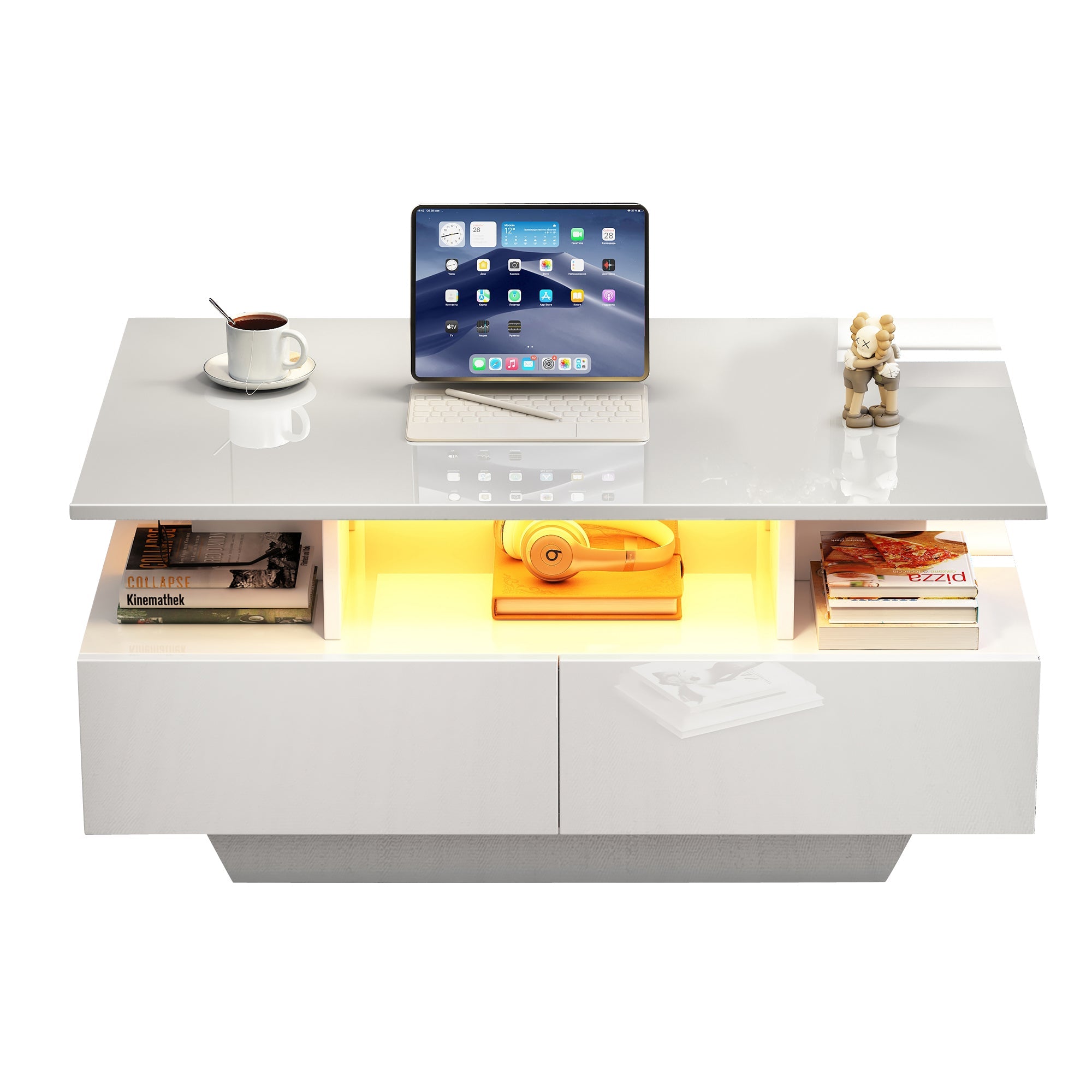 Logidon hoogglans salontafel LED, 2 lades, 90x55x41 cm wit