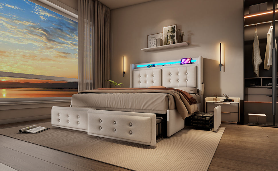 Logidon gestoffeerd bed 160x200 beige LED-hoofdbord USB-C oplaadfunctie