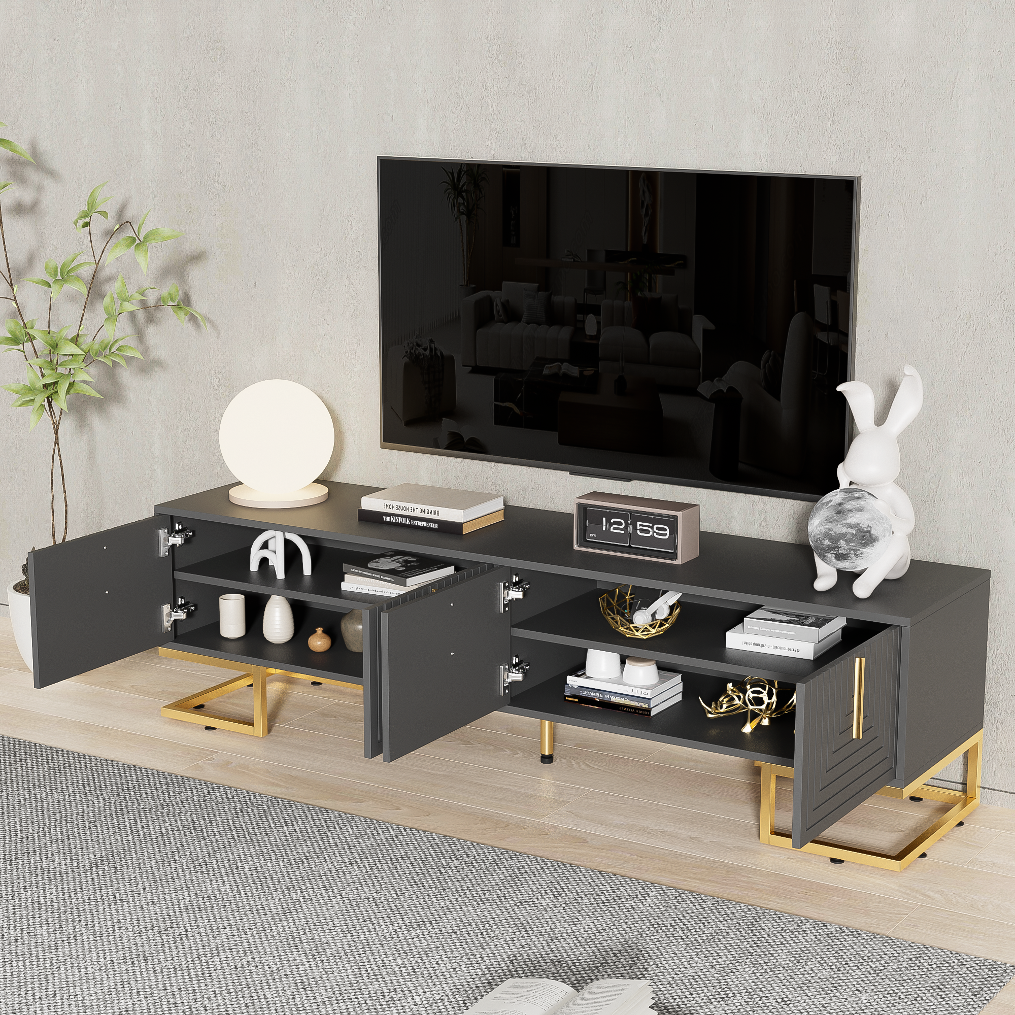Logidon TV-meubel 170 cm Grijs Zwart met Gouden Accenten en Lades