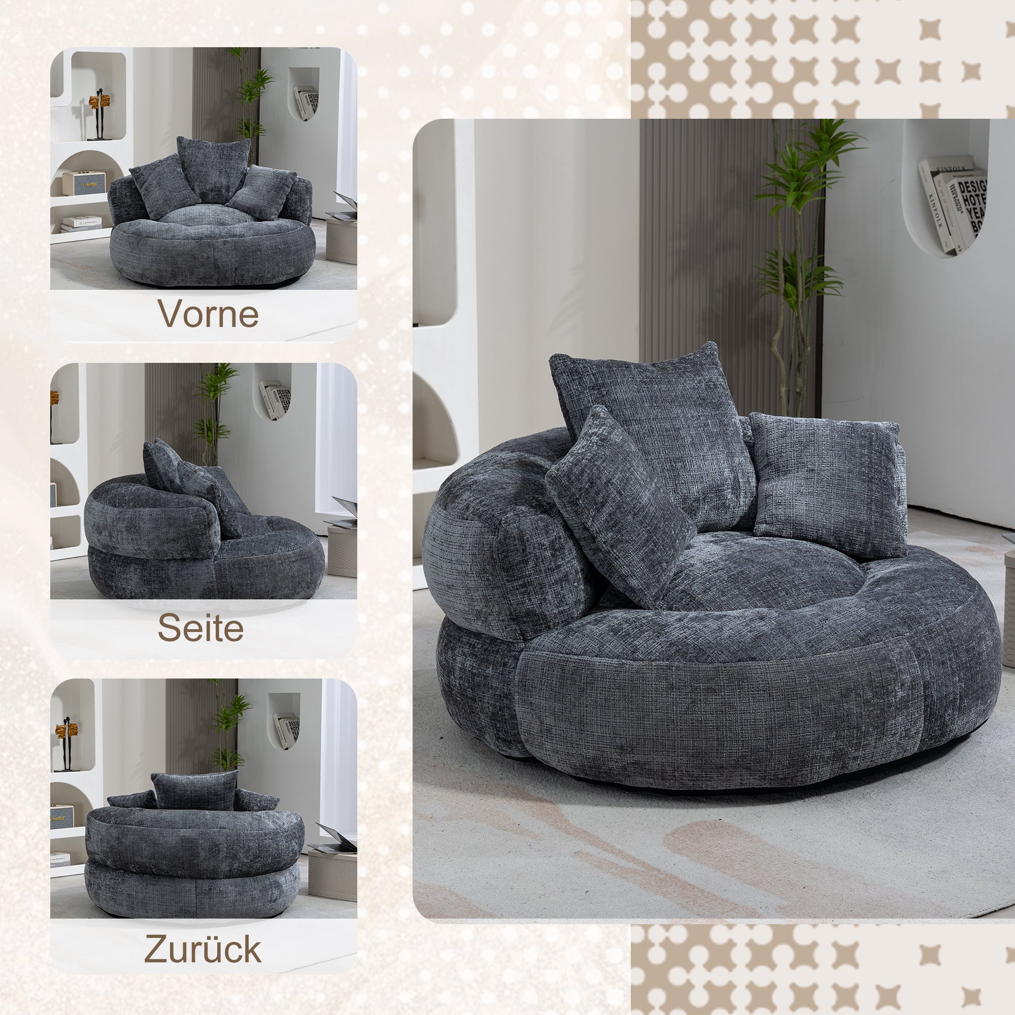 Logidon Lazy Sofa Chenille Grijs Zitzak met hoge rugleuning Lounge