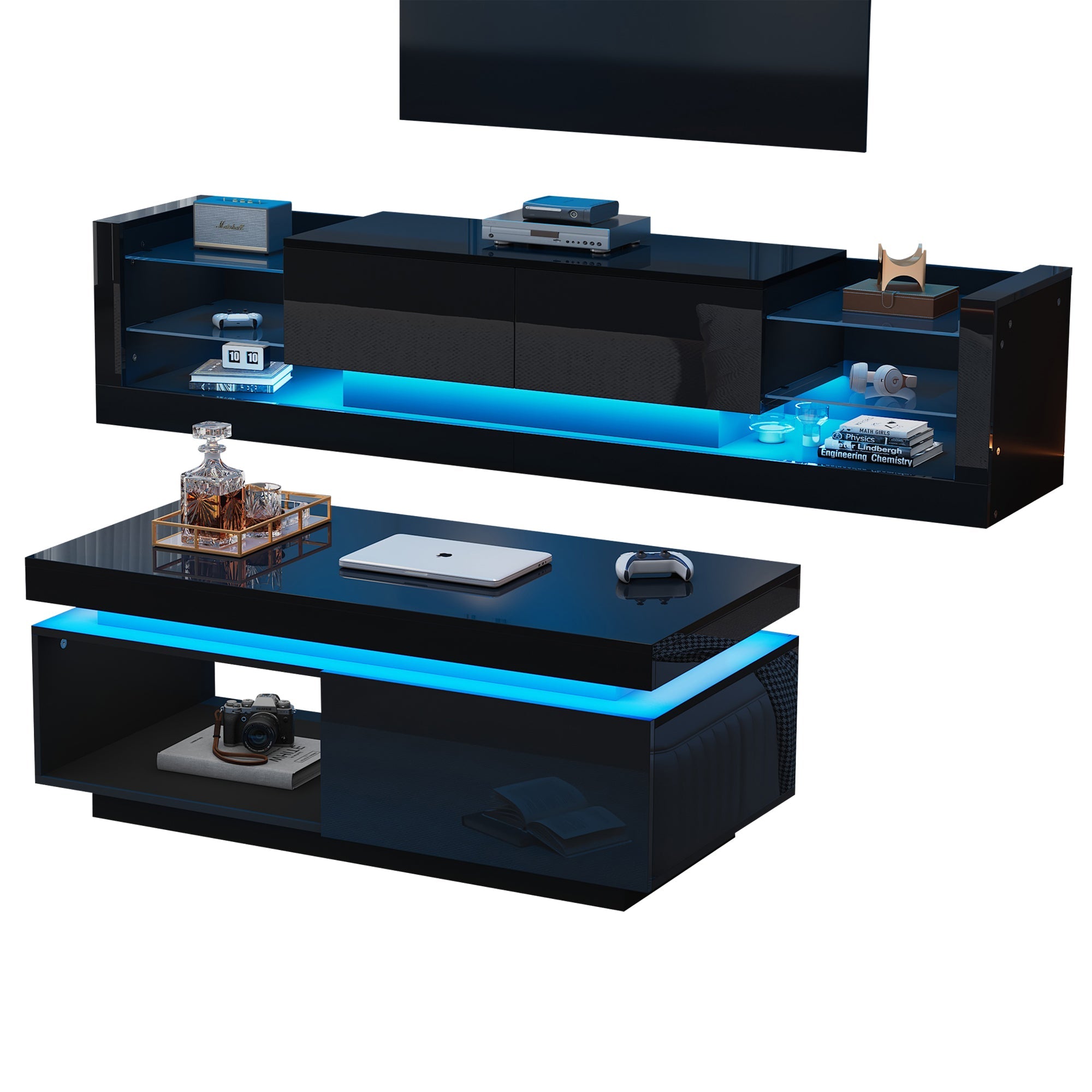 Logidon TV wandkastenset zwart hoogglans met LED verlichting 181cm