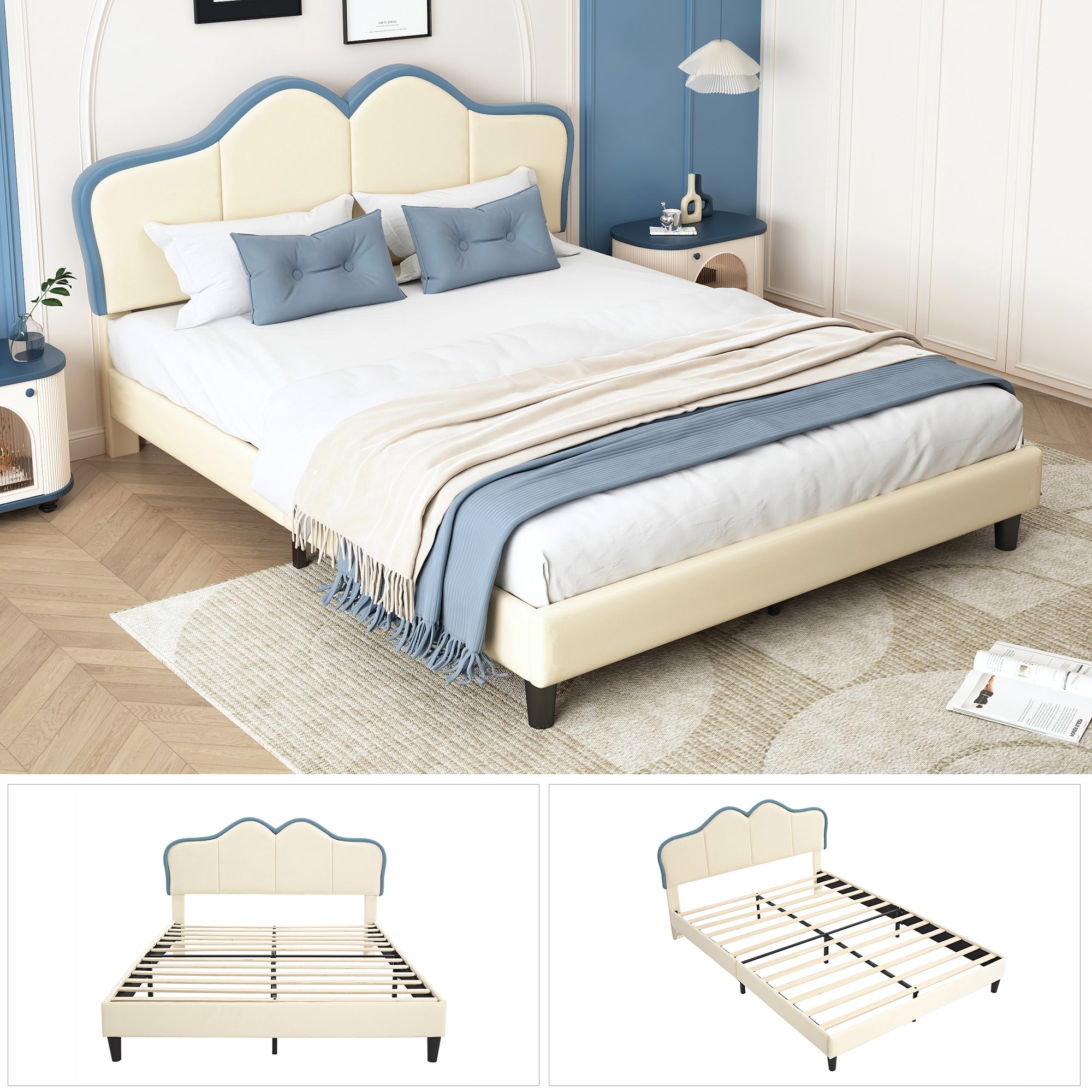 Logidon gestoffeerd bed 140x200 wit blauw met zachte beschermranden